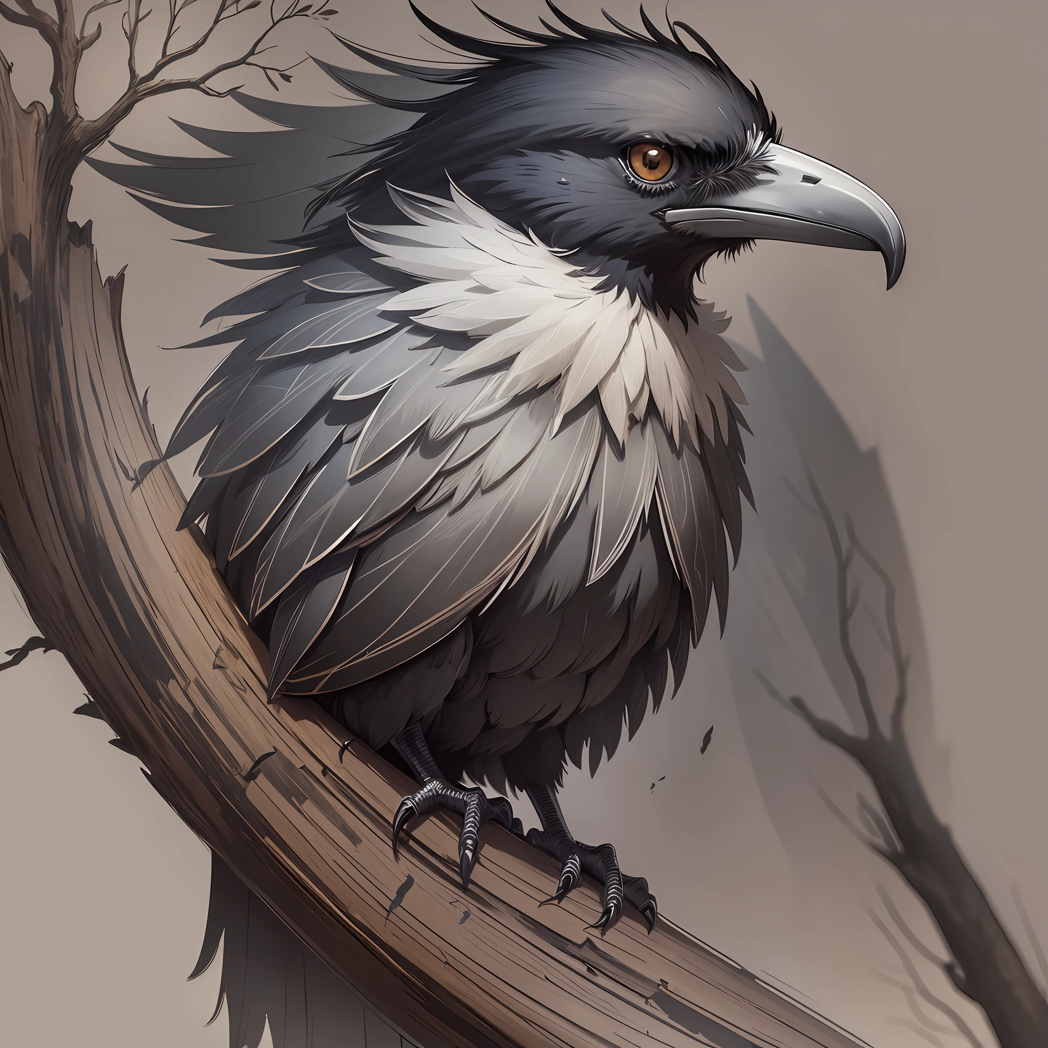 Raven 2d, black drawing style blackwork sketch, tree with brown dry leaves, fine lines. --auto --s2