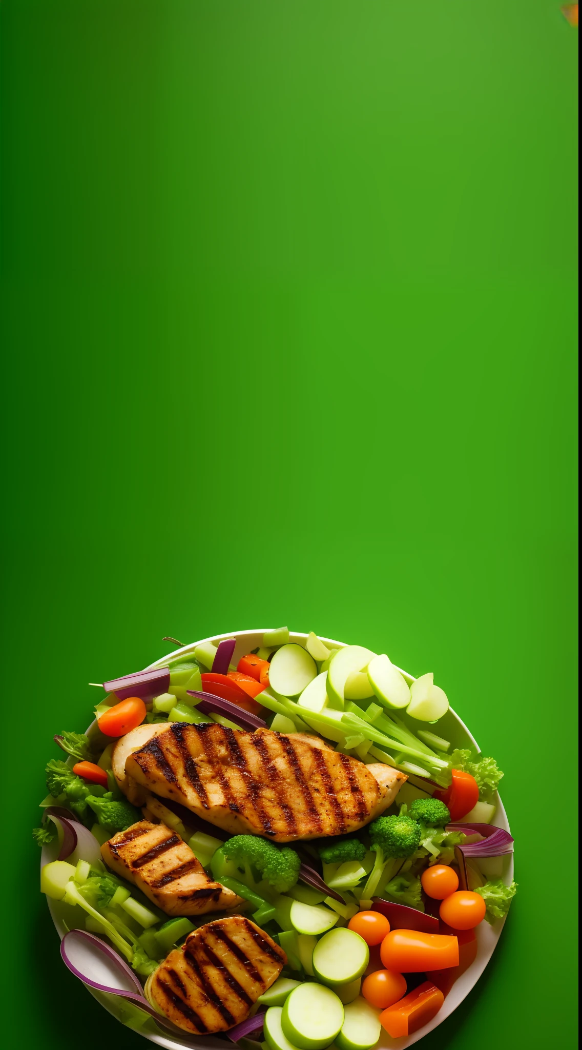 advertising photo ,with vegetables , dish with grilled chicken fillet and vegetables ,infinite infinite bright green background blurred,vivid green background infinite blurred cinematografico 60,30,10