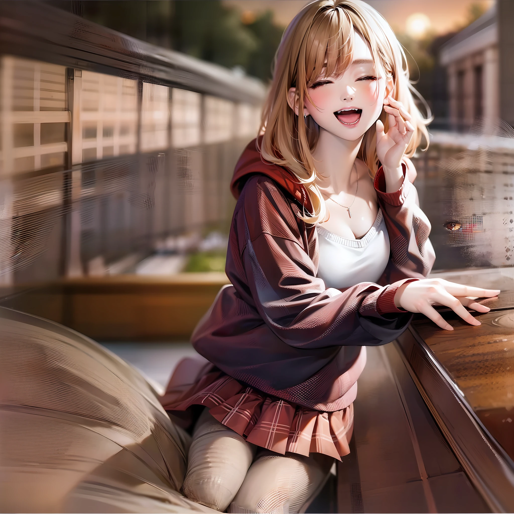 Top quality, best masterpiece, 1 woman, solo, 22 years old, (eyes closed: 1.4), laughing with open mouth, looking at the camera, blonde, red hoodie, white underwear, black loafers, argyle check skirt, cleavage, blushing, red eyes, evening, a lot of rice fields, big sunset, orange view, small necklace,
