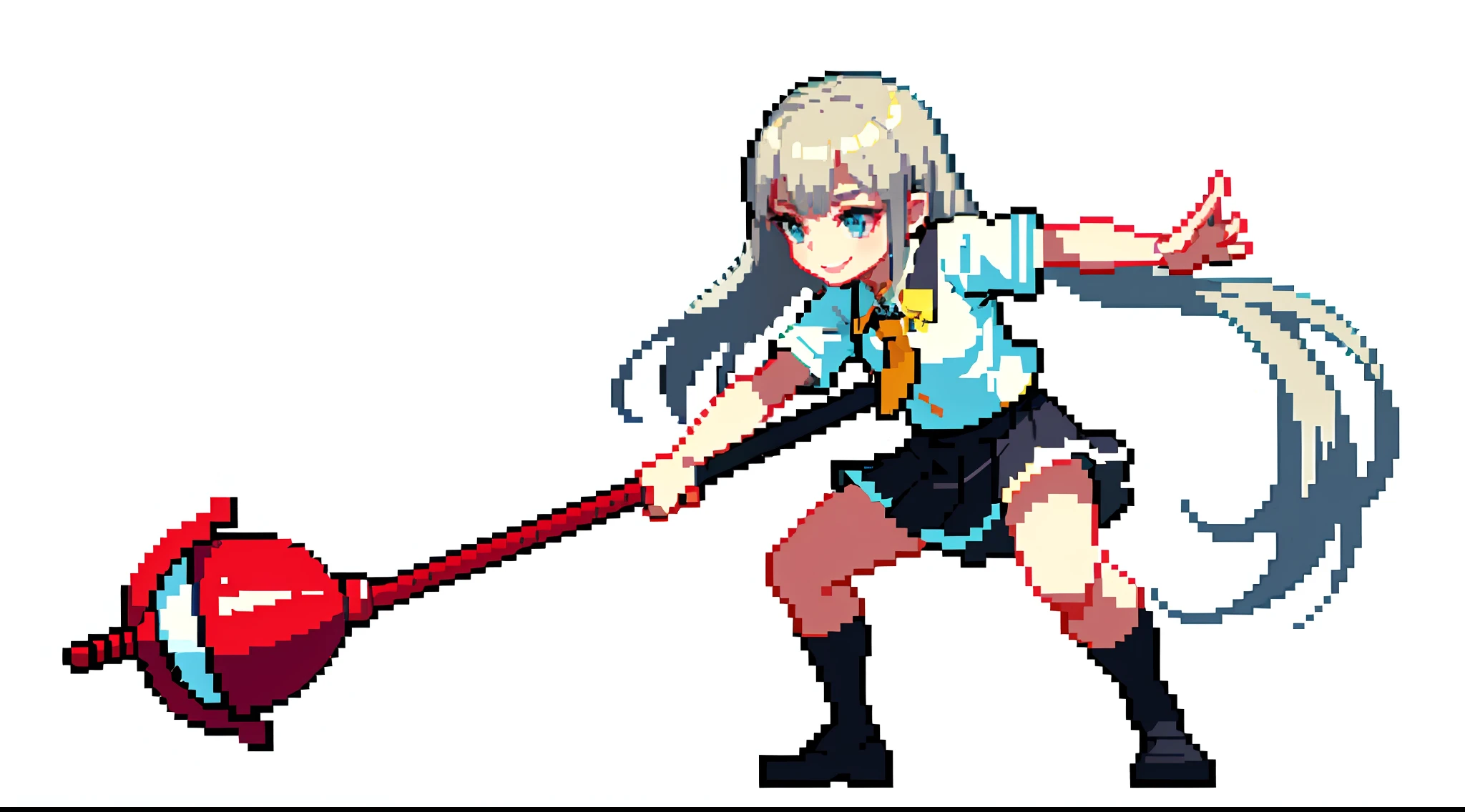 (masterpiece, top quality, highest quality), pixel, pixel art, one girl, full body, (very long hair, gray hair), colorful, best detailed, squat, 16 years old, small, mini skirt, uniform, short sleeves, smile, ruin, emphasize thighs, underwear, delicate, kick, fighting