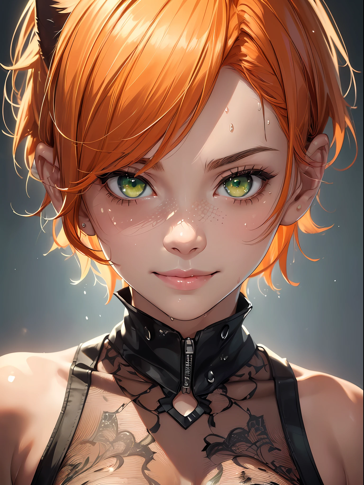 ((portrait)), (ultra high res,photorealistic,realistic,best quality,photo-realistic), (((high detailed skin,visible pores))),(real person,photograph), (8k, raw photo, best quality, masterpiece),(1 cute girl),(bob cut), (short orange hair), ((cat ear)), angry, blood, Scars, (green eyes), (orange tail), automatic white balance,(((face close-up,haunting smile,moist lips,short hair))), ((((looking at viewer)))), ((((skinny))))