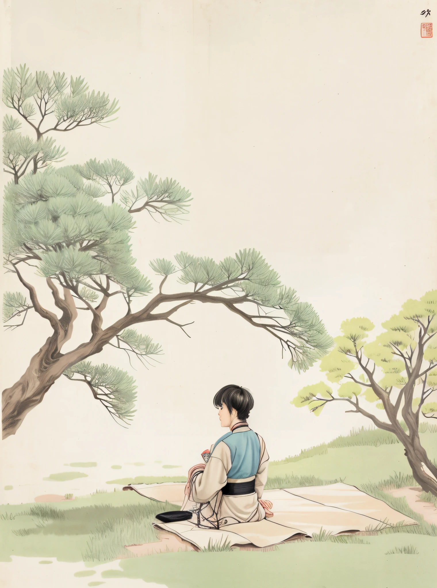 there is a man sitting on a bench under a tree, inspired by Shin Saimdang, by Shin Yun-bok, by Sim Sa-jeong, chinese style painting, inspired by Emperor Huizong of Song, by Jeong Seon, by Guan Daosheng, by Lü Ji, chinese painting style, inspired by Byeon Sang-byeok