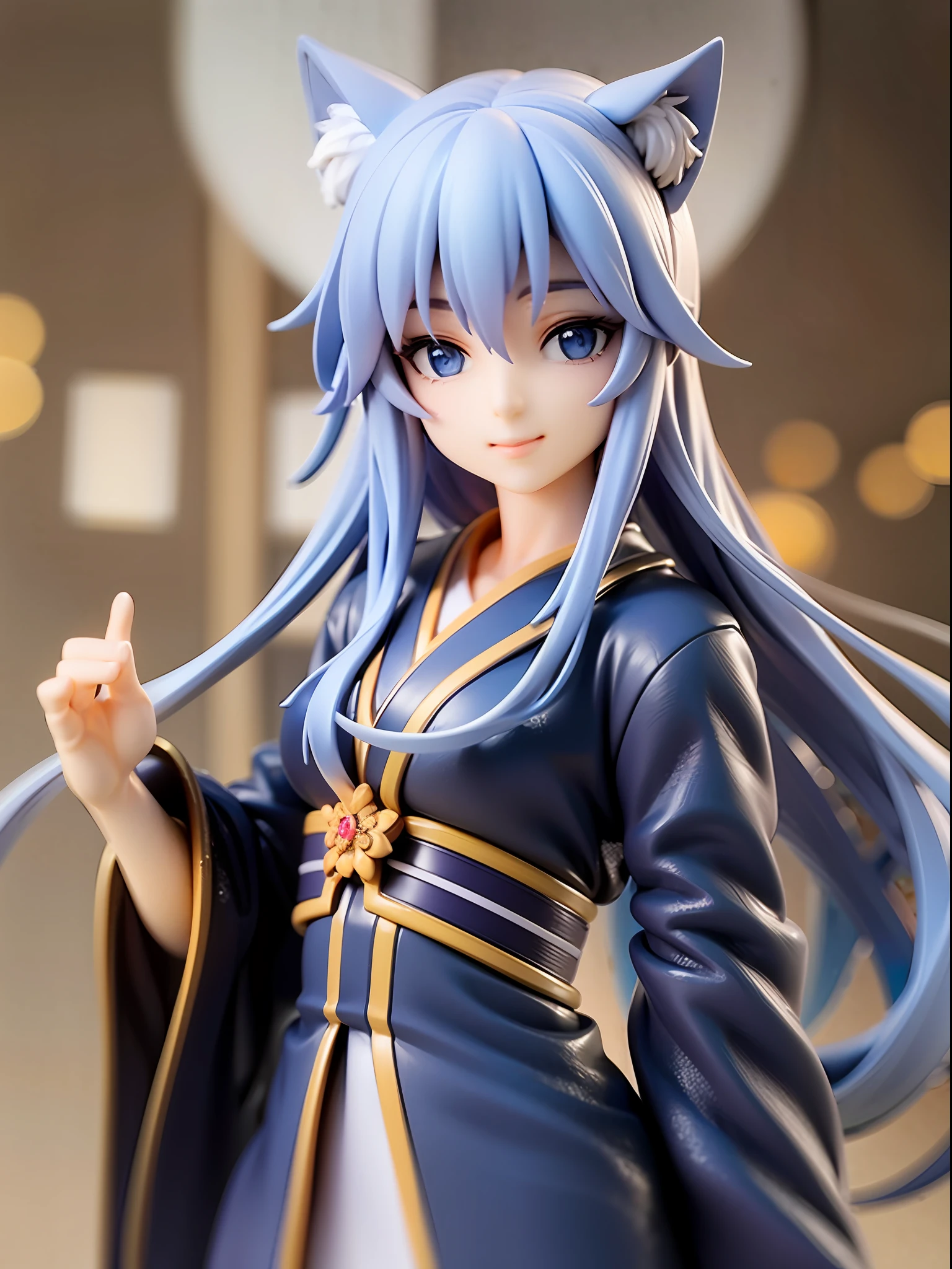 1girl, cat ears, cat tail, long blue hair, beautiful bright blue eyes, smiling, kimono, standing under a night sky with a full moon, surrounded by blue roses, [realistic], [3d], (8k, RAW photo, best quality, masterpiece:1.2), ultra high res, photo realistic, professional lighting, detailed lighting, professional photography, high quality, high res, extremely detailed, bloom, depth of field, sketch, sharp focus, soft lighting, detailed, detailed skin, to8contrast style.