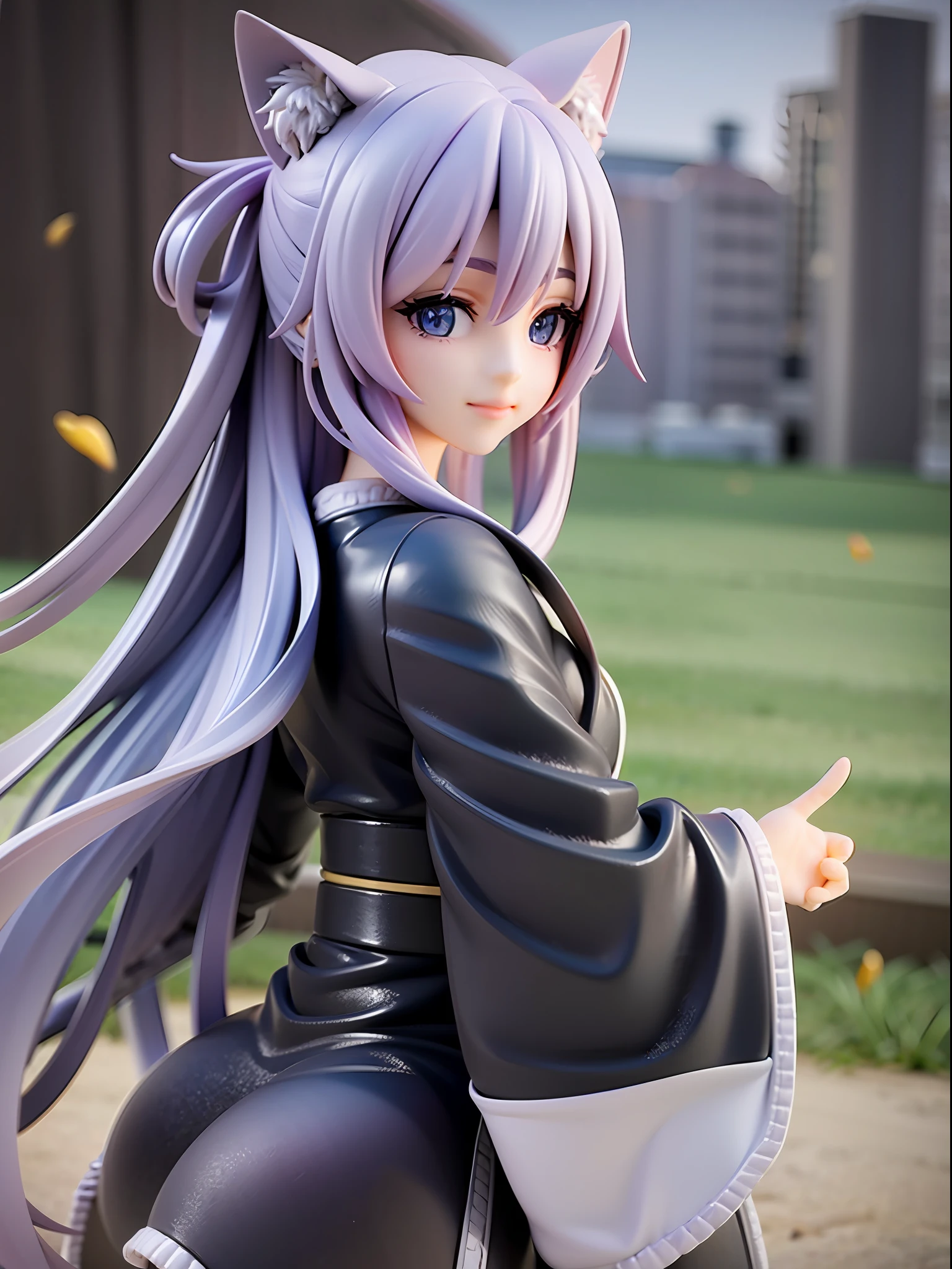 1girl, cat ears, cat tail, long blue hair, beautiful bright blue eyes, smiling, kimono, standing under a night sky with a full moon, surrounded by blue roses, [realistic], [3d], (8k, RAW photo, best quality, masterpiece:1.2), ultra high res, photo realistic, professional lighting, detailed lighting, professional photography, high quality, high res, extremely detailed, bloom, depth of field, sketch, sharp focus, soft lighting, detailed, detailed skin, to8contrast style.