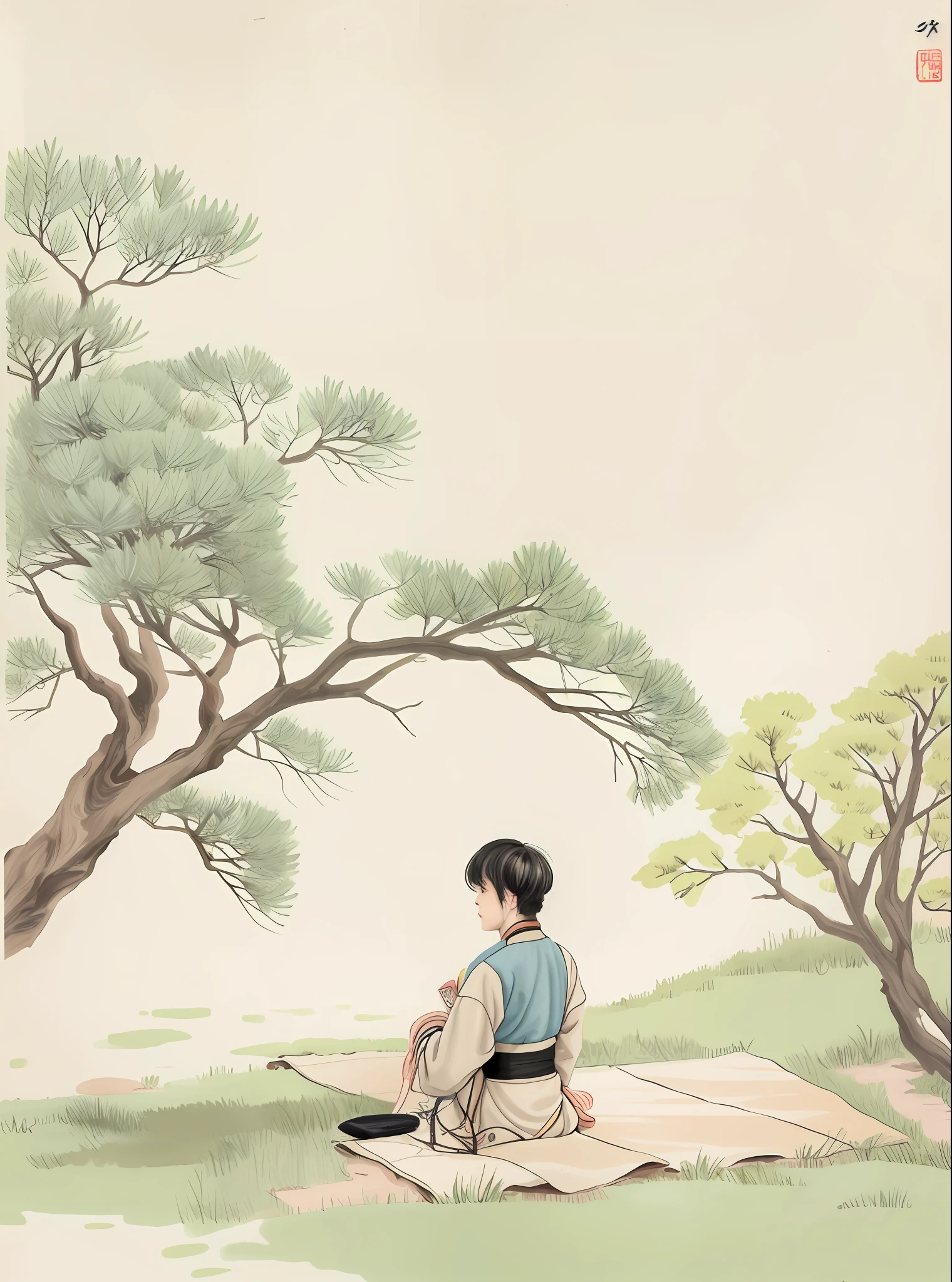 there is a man sitting on a bench under a tree, inspired by Shin Saimdang, by Shin Yun-bok, by Sim Sa-jeong, chinese style painting, inspired by Emperor Huizong of Song, by Jeong Seon, by Guan Daosheng, by Lü Ji, chinese painting style, inspired by Byeon Sang-byeok