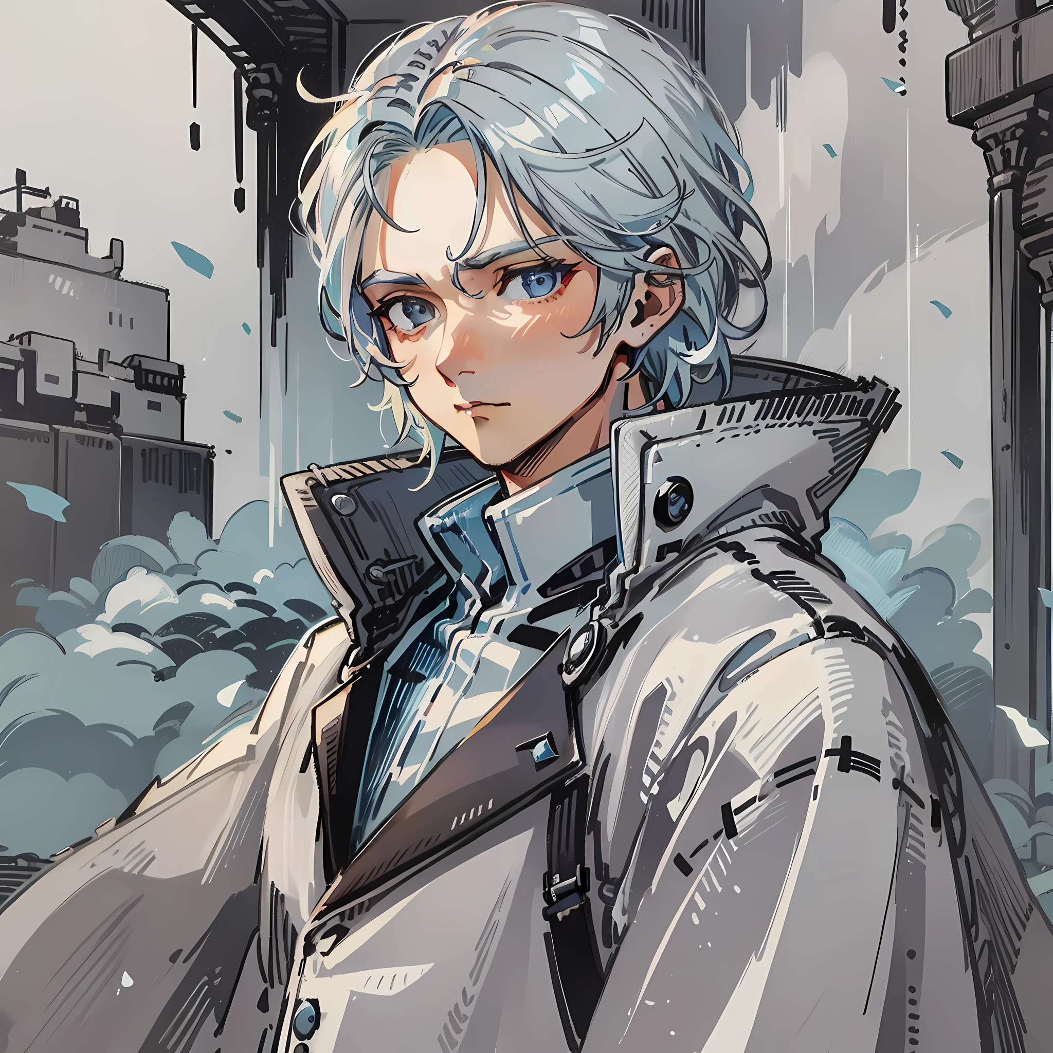 A man with storm-grey hair. He ha  light-blue eyes, and wears a simple white old-fashioned jacket over peasants clothes.