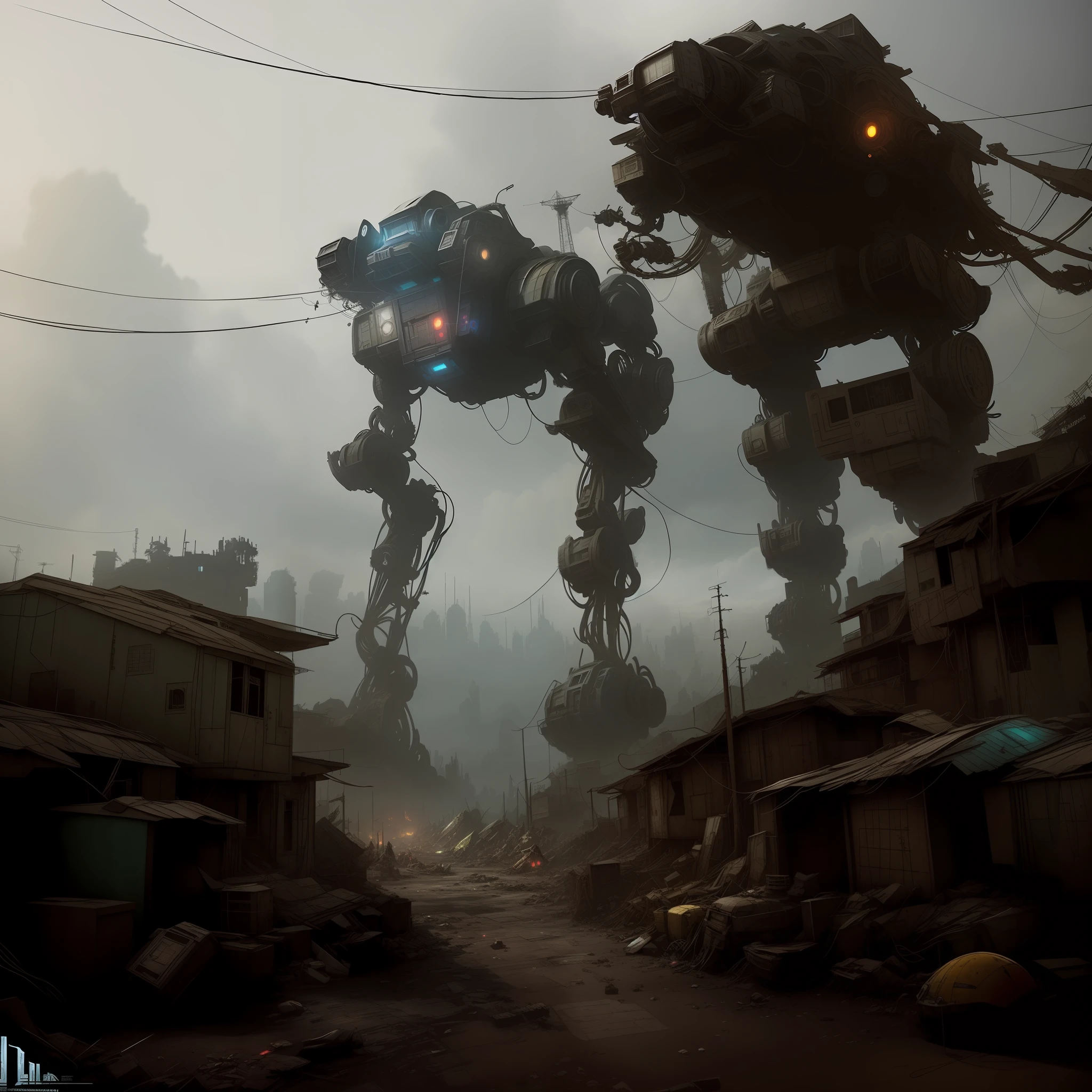 There are two giant old robots standing in a dirty slum, high-voltage wires resting on the robots, in the background amid the polluted sky a beautiful futuristic city contrasting with the favela, highly realistic concept art, stunning photo real concept art, destroyed robots, dystopian slums, dystopia digital concept art, Neil Blomkamp's movie landscape, stunning concept art, stunning science fiction concept art, epic digital concept art, photorealistic dark concept art, amazing concept art