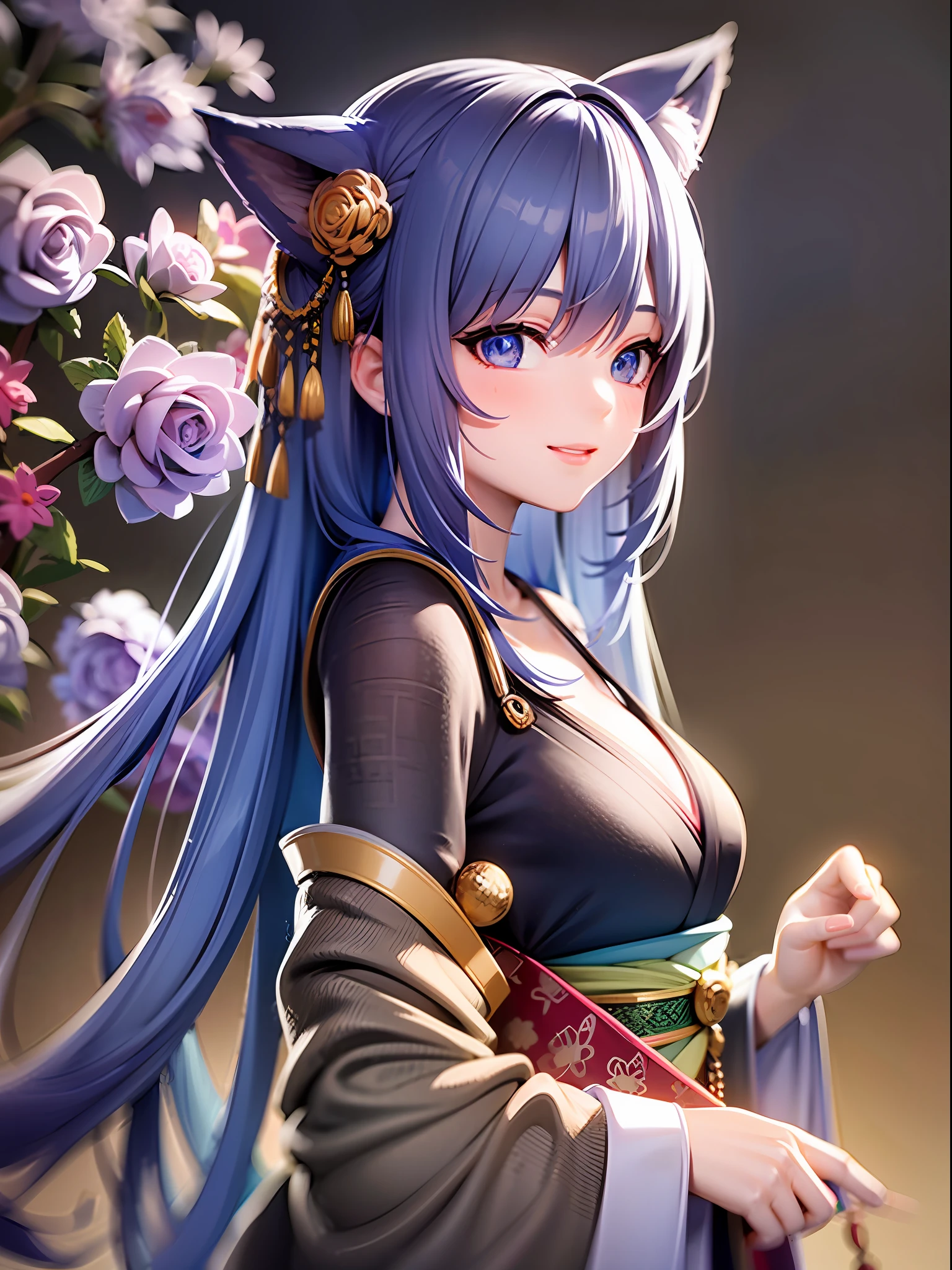 1girl, cat ears, cat tail, long blue hair, beautiful bright blue eyes, smiling, kimono, standing under a night sky with a full moon, surrounded by blue roses, [realistic], [3d], (8k, RAW photo, best quality, masterpiece:1.2), ultra high res, photo realistic, professional lighting, detailed lighting, professional photography, high quality, high res, extremely detailed, bloom, depth of field, sketch, sharp focus, soft lighting, detailed, detailed skin, to8contrast style.