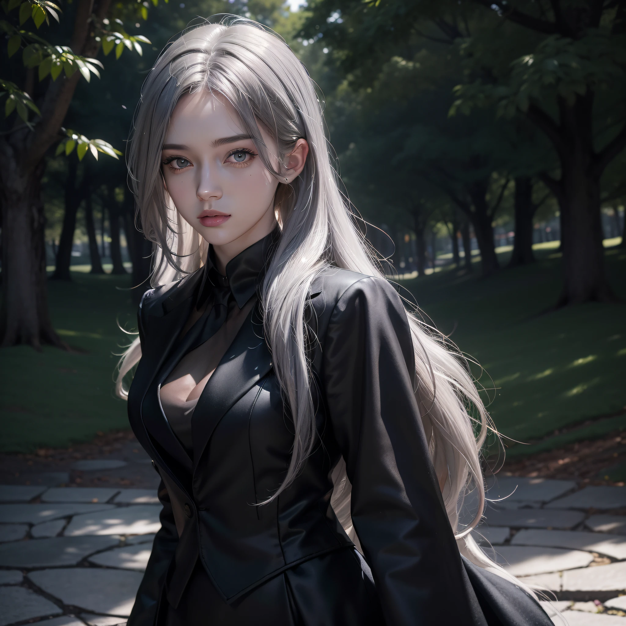 Surrealist female portraits, fantasy art, photorealism, dynamic lighting, artstation, posters, volumetric lighting, very detailed faces, 8k,,,1girl, in the park, dark shadows, low-key, sexy clothes photos, (formal wear: 1.3), long hair, gray hair, full body photos