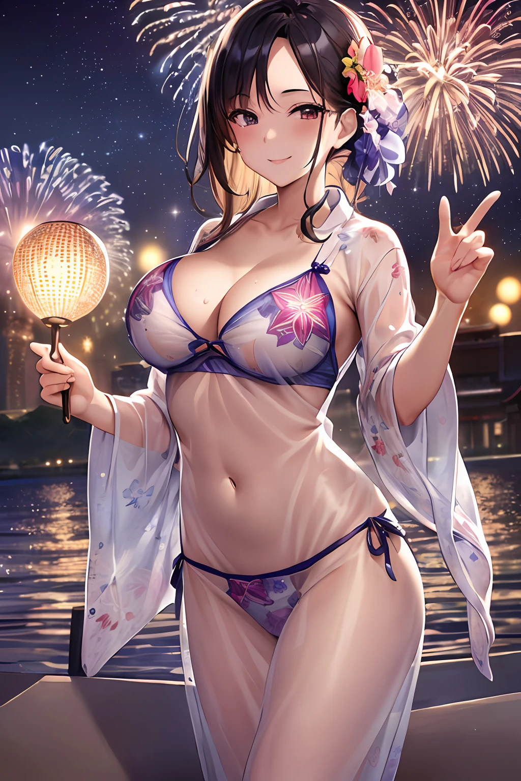 masterpiece, best quality, high resolution, professional lighting, a woman in a bikini with fireworks in the background, (sport bra, beauttiful stars), (((((see-through) yukata)))), cheeky smile, full body shot, detail shot