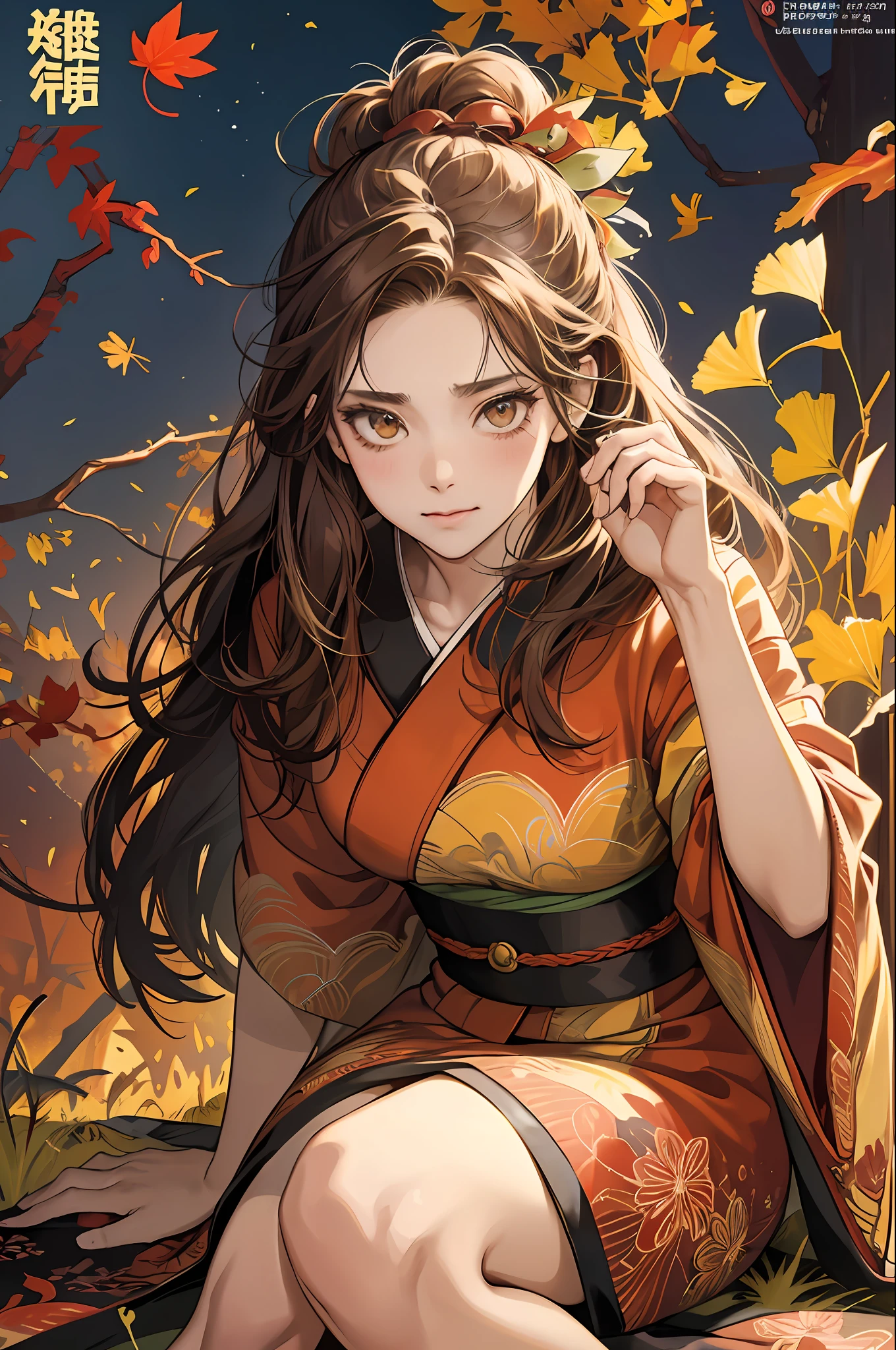 Enrai Fairyland, dark brown or oily Japan kimono, dark color kimono, colorful auspicious clouds, autumn, autumn_leaves, falling_leaves, holding_leaf, leaf, leaf_background, leaf_ornament, maple_leaf, aki_shizuha, leaf_print, maple, anger_ vein, ginkgo_leaf, leaf_on_head, spoken_anger_vein, tree, waterfall, (bonfire with collected fallen leaves), ((She eats Naruto Kintoki a little embarrassed)), dragonfly, acorn, solo, braided, blurry_foreground, one girl, smile, painting, depth_of_field, blurry, long_hair, branch, leaves_in_wind, forest, outdoors, nature, looking_at_viewer, sitting, masterpiece, best quality, (best quality), ((masterpiece)), (high definition), original, highly detailed 8k wallpaper, (very delicate and beautiful),(detail face))), beautiful detail eyes, wind-fluttering hair, messy hair, lens flare, 1 girl,full body,(golden eyes) ,(Pretty Girl:1.1),Beautiful Fine Eyes,(Brown Hair),Big,(Look at Viewers),(Magazine:1.3), (Cover Style:1.3), Fashionable, Women, Vibrant, Posing, Front, Colorful, Dynamic, Background, Element, Confident, Statement, Majestic, Coiled, Text, Cover, Bold, Attention, title, stylish, font, catchy, headline, big, impressive, modern, trendy, focus, fashion,
