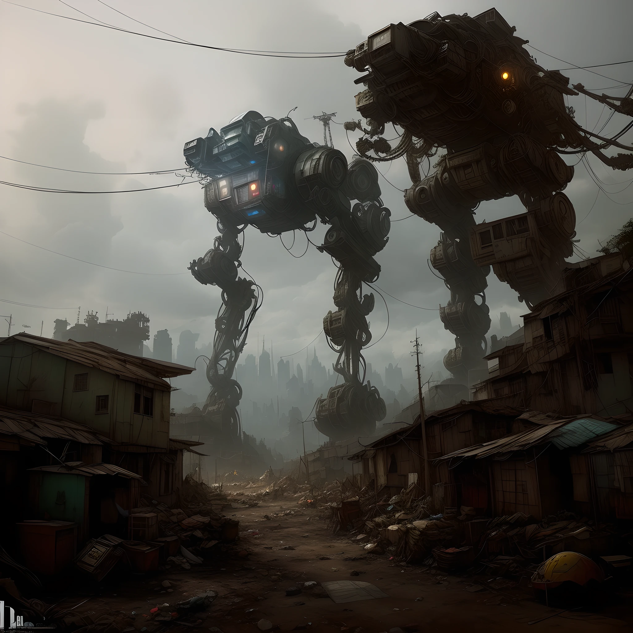There are two giant old robots standing in a dirty slum, high-voltage wires resting on the robots, in the background amid the polluted sky a beautiful futuristic city contrasting with the favela, highly realistic concept art, stunning photo real concept art, destroyed robots, dystopian slums, dystopia digital concept art, Neil Blomkamp's movie landscape,  stunning concept art, stunning science fiction concept art, epic digital concept art, photorealistic dark concept art, amazing concept art
