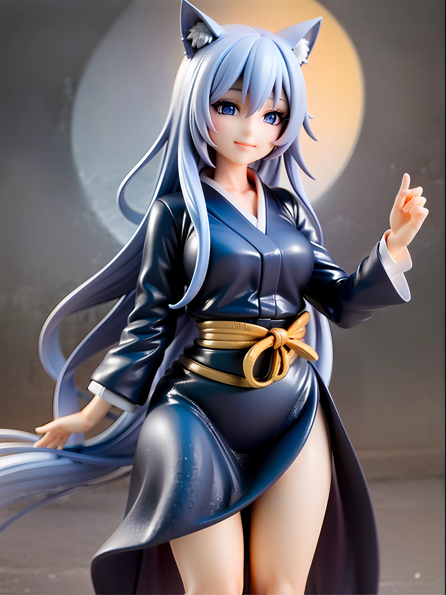 1girl, cat ears, cat tail, long blue hair, beautiful bright blue eyes, smiling, kimono, standing under a night sky with a full moon, surrounded by blue roses, [realistic], [3d], (8k, RAW photo, best quality, masterpiece:1.2), ultra high res, photo realistic, professional lighting, detailed lighting, professional photography, high quality, high res, extremely detailed, bloom, depth of field, sketch, sharp focus, soft lighting, detailed, detailed skin, to8contrast style.