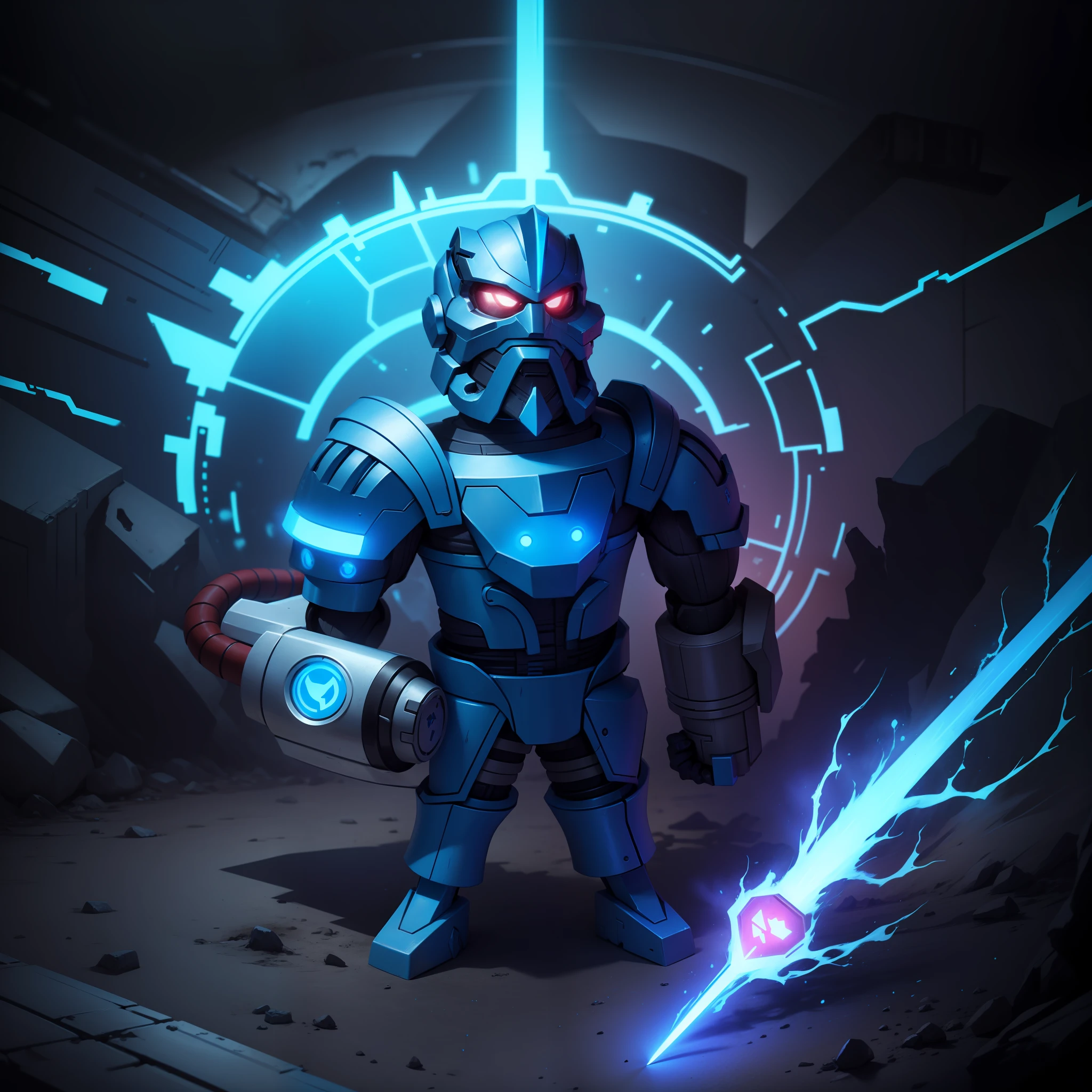 Doom Warrior, the weapon is blue, the tube connecting the weapon is glassy, the eyes are red, and other glowing places are blue, using more than 5 colors --auto --s2
