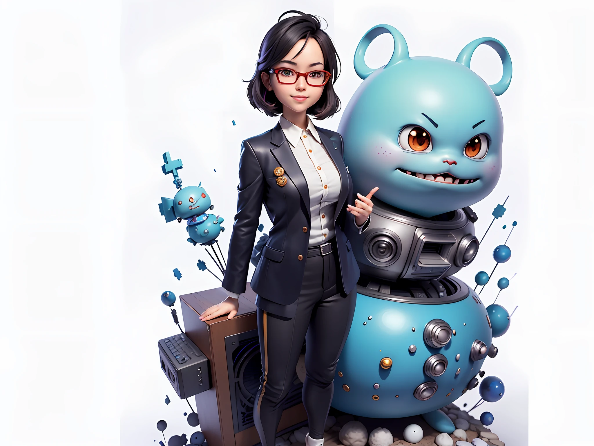 Masterpiece), (Excellent), (Super Meticulous), (Full Body: 1.2), Super Young Woman, Beautiful, Sexy, Bursting, Oriental Face, TV Anchor, Bust Portrait Illustration, Alone, Black Suit, Blue Tie, Silver Glasses, Slightly Chubby Face, Very Clean Face, No Beard, Black Super Short Hair, Black Eyes, Confident Smile, 3c Computer Sub-Products, iPad, iPhone, Digital Painting, 3D Character Design by Akira Toriyama with Mark Claireden and Pixar and Hayao Miyazaki, The illustration is a high-definition illustration in 4K resolution with very detailed facial features and cartoon-style visuals.