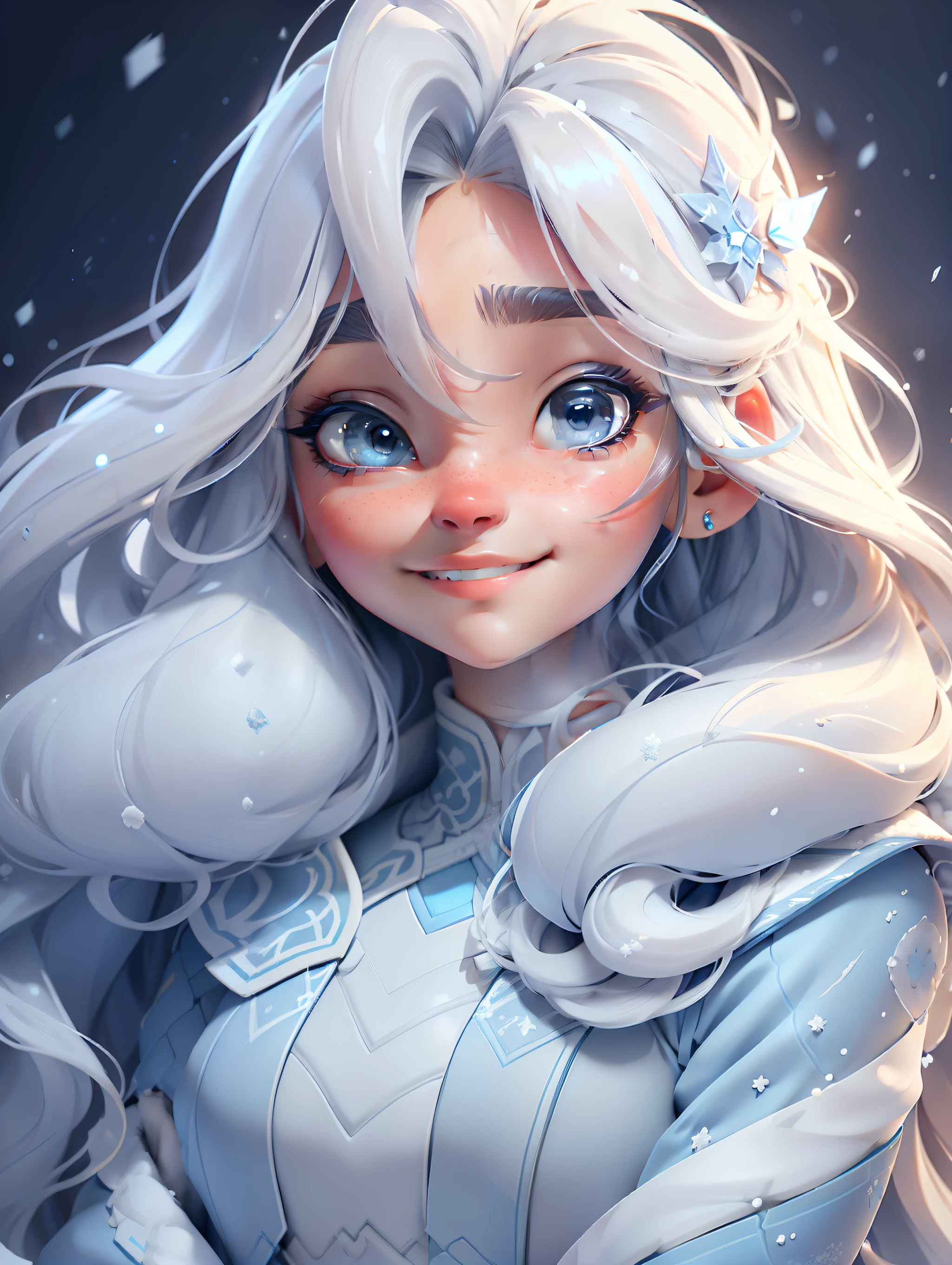 half body portrait of smiling girl with blue skinand white long wavy hair, detailed skin, beautiful look to the camera, ancient fantastic suit, detailed suit, 8K , super details, snow flakes in background, blurred background, sharp focus, dynamic pose, detailed eyebrows