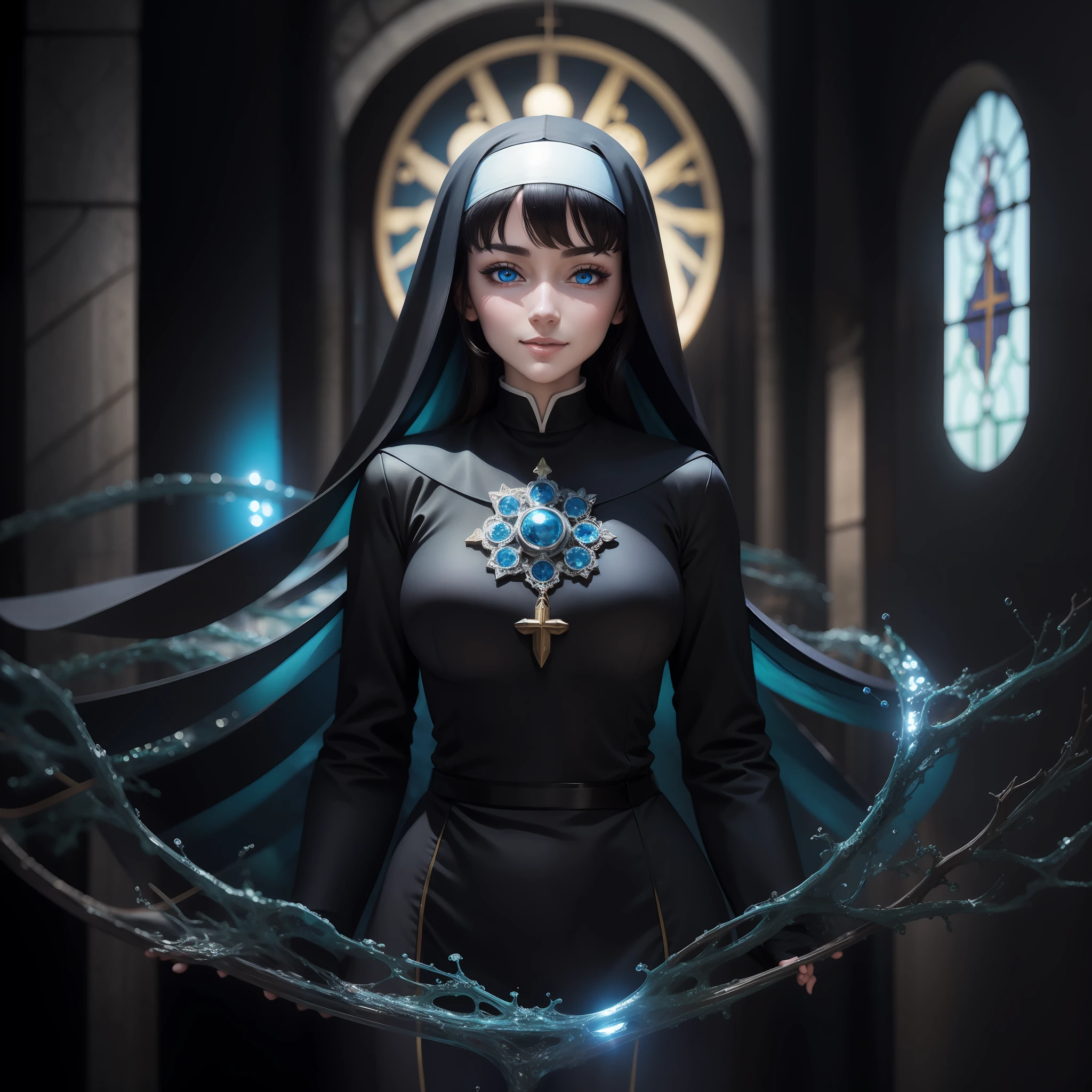 A Masterpiece, Anime Style, Very Attractive, Church Nun, Perfect Blue eyes, In a Fantasy City, Perfect Face, Perfect Body, Detailed and Intrincicate, Photoshoot, HD, Smilling, Bioluminicense