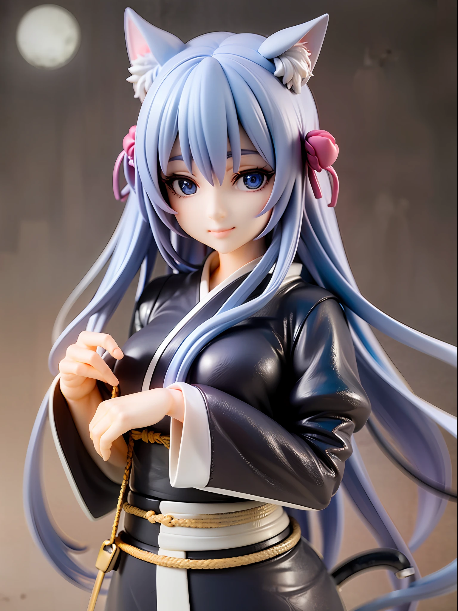1girl, cat ears, cat tail, long blue hair, beautiful bright blue eyes, smiling, kimono, standing under a night sky with a full moon, surrounded by blue roses, [realistic], [3d], (8k, RAW photo, best quality, masterpiece:1.2), ultra high res, photo realistic, professional lighting, detailed lighting, professional photography, high quality, high res, extremely detailed, bloom, depth of field, sketch, sharp focus, soft lighting, detailed, detailed skin, to8contrast style.