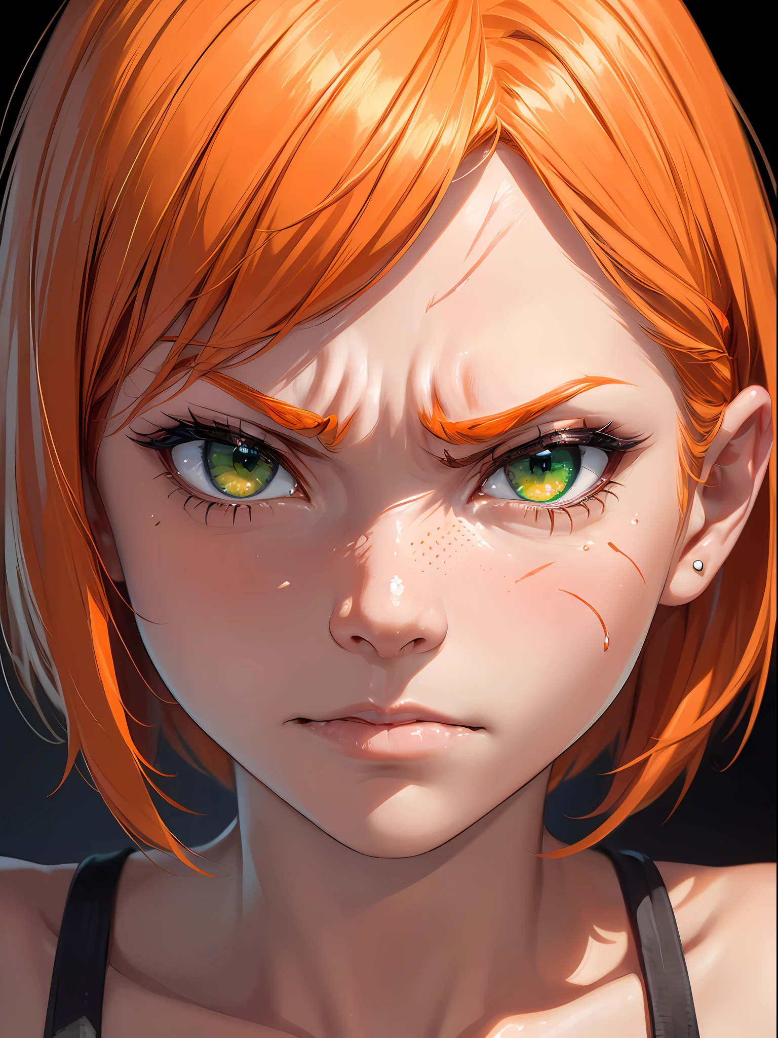 ((portrait)), (ultra high res,photorealistic,realistic,best quality,photo-realistic), (((high detailed skin,visible pores))),(real person,photograph), (8k, raw photo, best quality, masterpiece),(1 cute girl),(bob cut), (short orange hair), ((cat ear)), blood, Scars, (green eyes), (orange tail), naked, automatic white balance,(((face close-up))), ((((looking at viewer)))), ((((angry)))), yandere, tsundere,