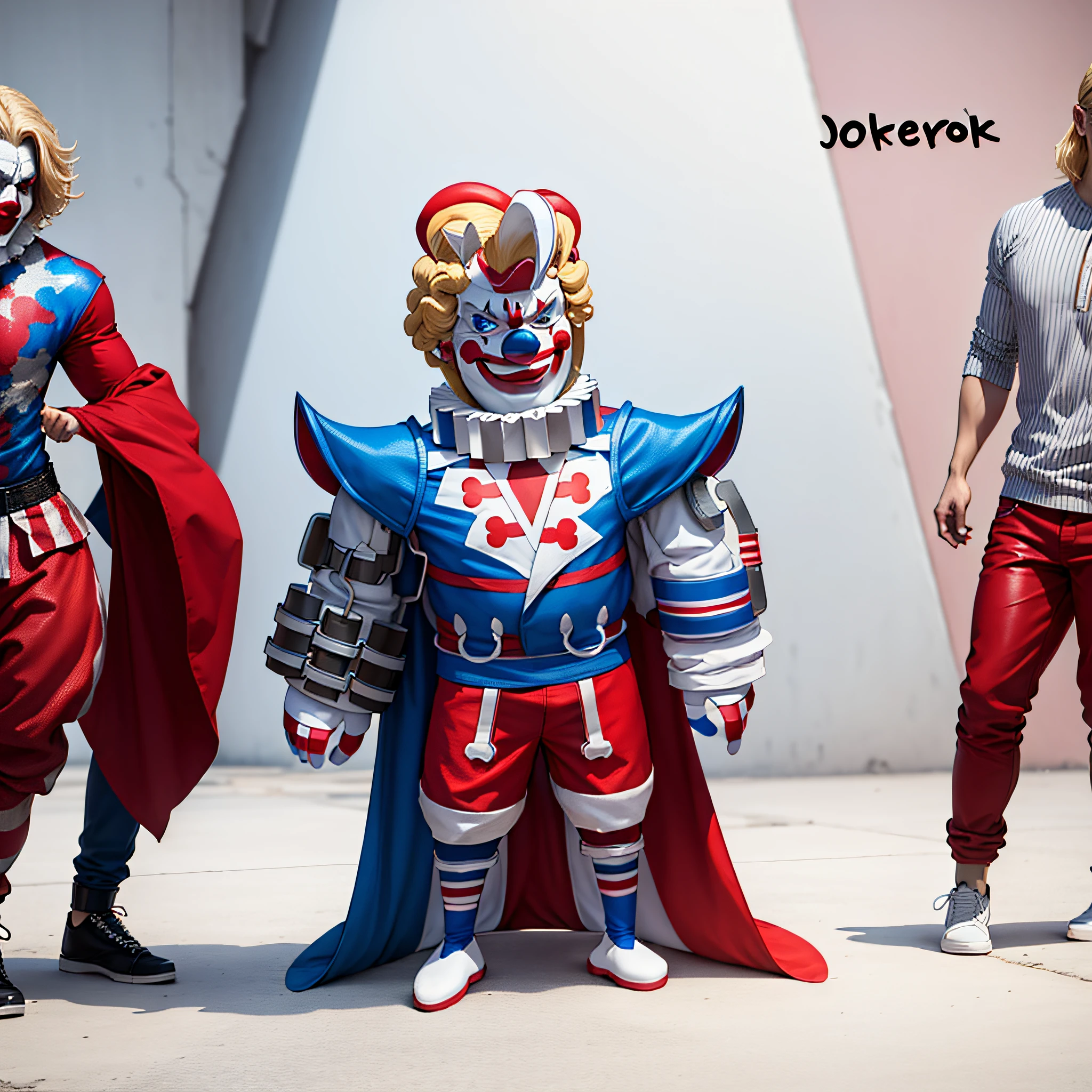 Clown, the color of the face should be exaggerated, the overall use of red and blue, the arms silver metallic texture, the hair is blonde, the clothes use 3 colors, and the pants use 2 colors --auto --s2