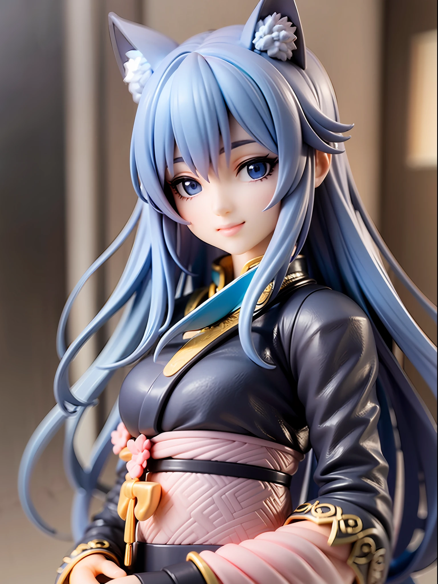 1girl, cat ears, cat tail, long blue hair, beautiful bright blue eyes, smiling, kimono, standing under a night sky with a full moon, surrounded by blue roses, [realistic], [3d], (8k, RAW photo, best quality, masterpiece:1.2), ultra high res, photo realistic, professional lighting, detailed lighting, professional photography, high quality, high res, extremely detailed, bloom, depth of field, sketch, sharp focus, soft lighting, detailed, detailed skin, to8contrast style.