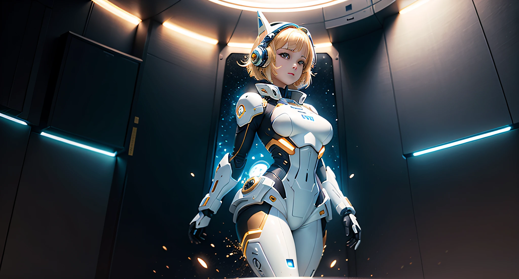 Full body, golden hair, short hair, blunt bang, masterpiece, best quality, official art, album art, very elaborate CG Unity 8K wallpaper, lone girl, Japan girl, full body, super high resolution, (photorealistic: 1.4), dynamic angle, dynamic pose, mystical power, floating particles, reflection, very cute, petite, sparkling blue color eyes, Golden hour lighting, pilot suit in white and blue and black colors, tight fit clothes, full-body covering clothes, knee boots, (puffy eyes), viewer watch, front-facing, beauty, medium breasts, shirt lift, metal wire, slim body, arm-length gloves, anime heroine, gentle smile, headset, helmet, detailed robot cockpit, super futuristic space