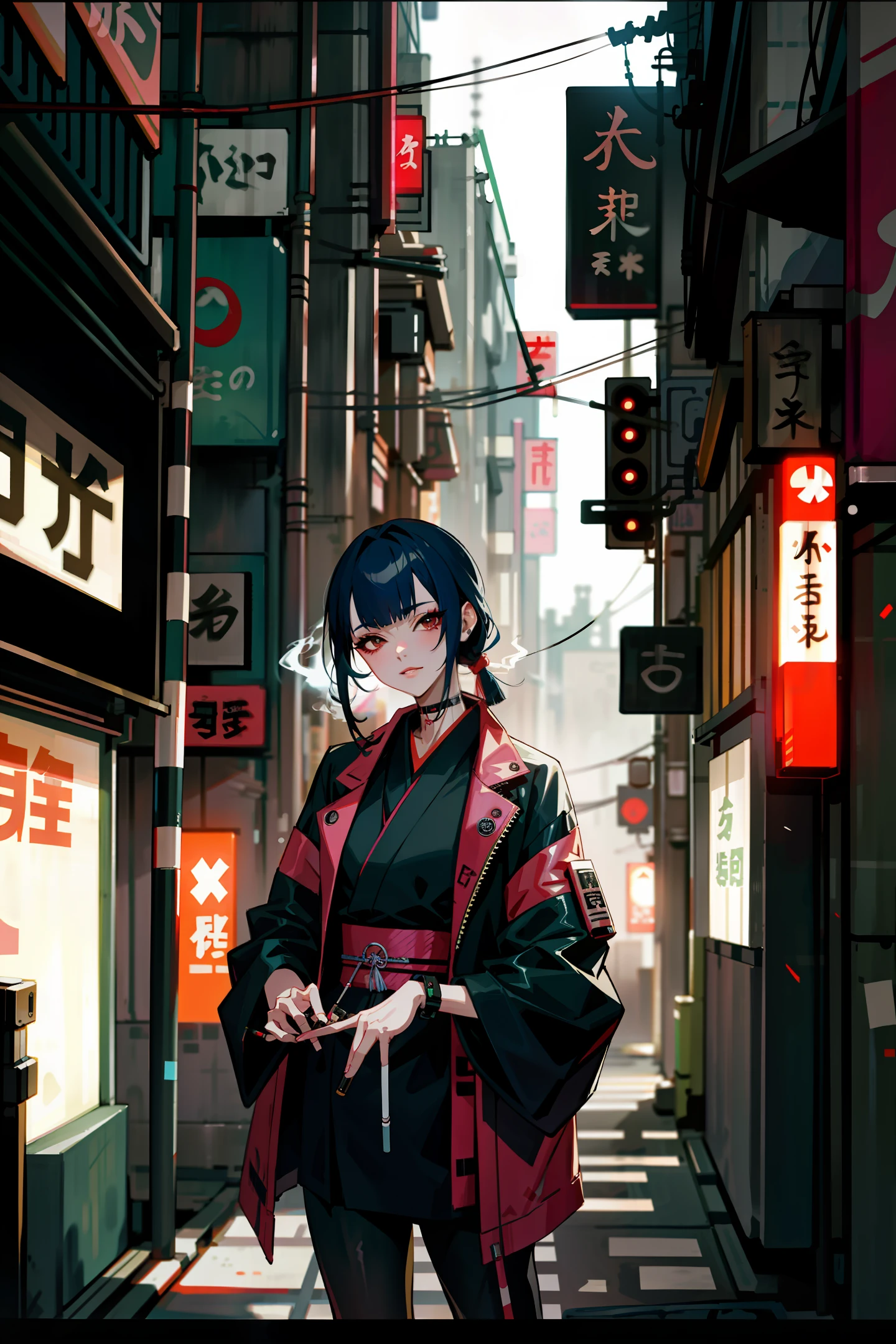 Detailed CyberPunk photo of a Japanese prostitute in an alley in Tokyo city in CyberPunk style smoking a cigarette