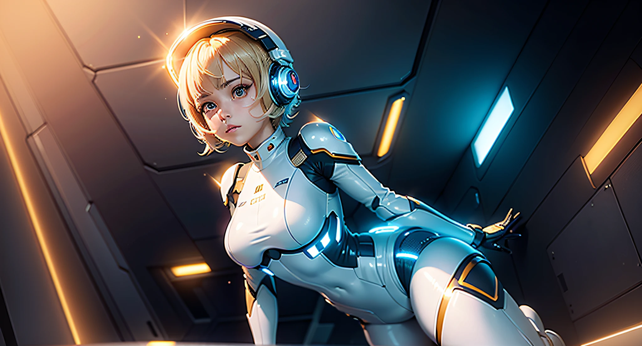 Full body, golden hair, short hair, blunt bang, masterpiece, best quality, official art, album art, very elaborate CG Unity 8K wallpaper, lone girl, Japan girl, full body, super high resolution, (photorealistic: 1.4), dynamic angle, dynamic pose, mystical power, floating particles, reflection, very cute, petite, sparkling blue color eyes, Golden hour lighting, pilot suit in white and blue and black colors, tight fit clothes, full-body covering clothes, knee boots, (puffy eyes), viewer watch, front-facing, beauty, medium breasts, shirt lift, metal wire, slim body, arm-length gloves, anime heroine, gentle smile, headset, helmet, detailed robot cockpit, super futuristic space