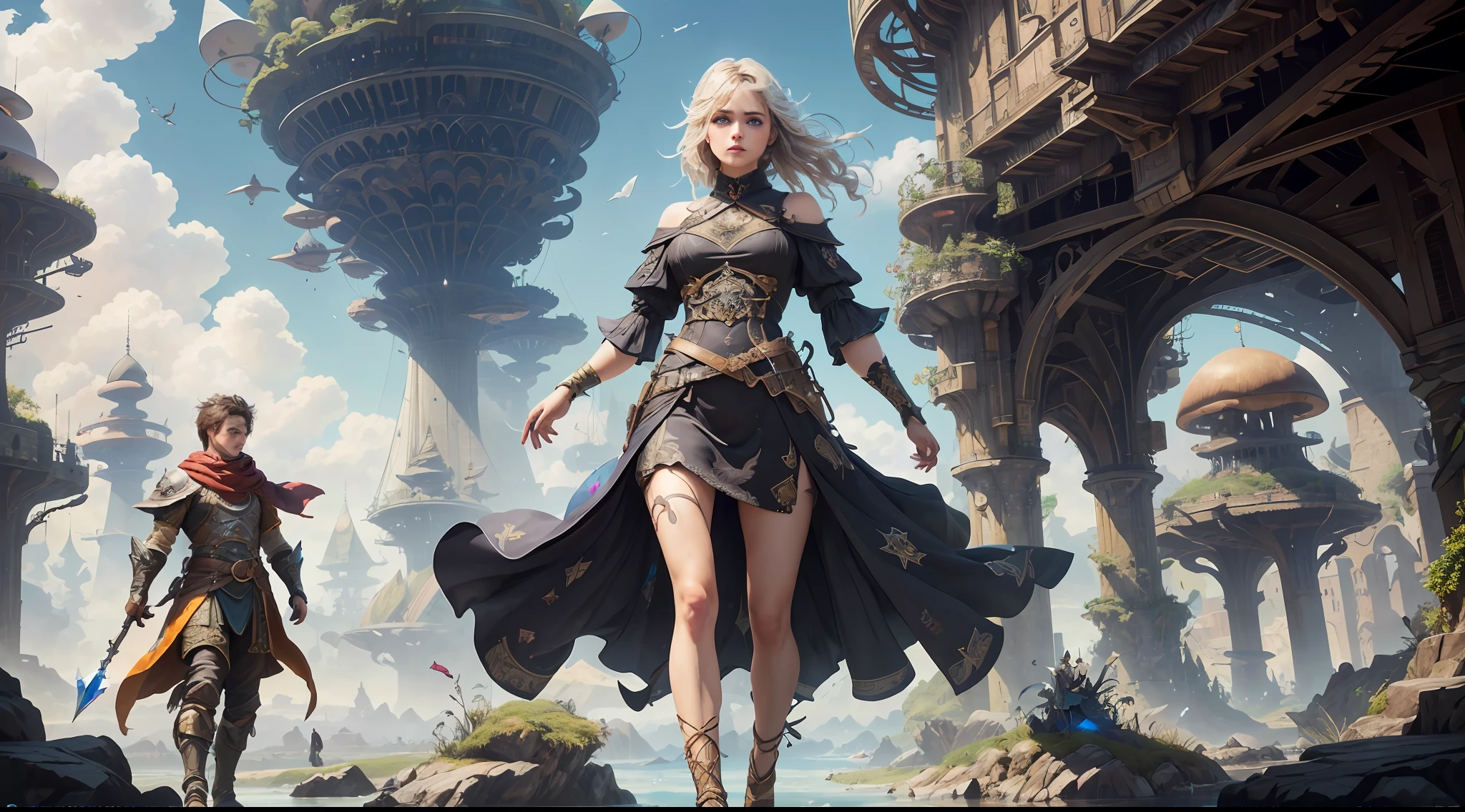 (((Multiplayer, Vivid eyes, men and women))), Best Quality, Realistic, Realistic, Award-Winning Illustrations, (Intricate Details: 1.2), (Fine Details), (Intricate Details), (Cinematic Light, Best Quality Backlight), Clear Lines, Sharp Focus, Official Art, Unity 8k Wallpaper, Ridiculous, Incredibly Absurd, Fantasy Art, RTX, ((Award-winning Triangle Studio Close-up Photo)), 1 Boy, (Shut Up), Best Quality, 4K, beautiful mysterious creatures, female, flying, surrealism, masterpiece by NCWINTERS, in a mysterious country town, masterpiece, intricate details, ff14style, urban painting, bridge, river, giant mushroom, landscape, bright colors, ((((full body image))),