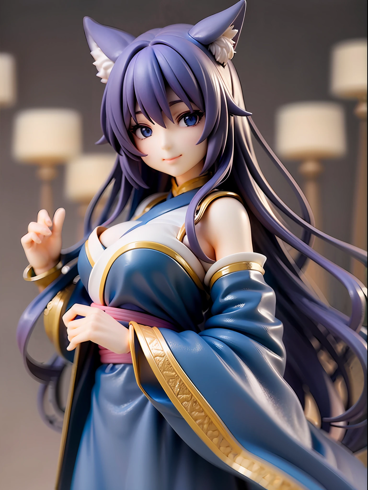 1girl, cat ears, cat tail, long blue hair, beautiful bright blue eyes, smiling, kimono, standing under a night sky with a full moon, surrounded by blue roses, [realistic], [3d], (8k, RAW photo, best quality, masterpiece:1.2), ultra high res, photo realistic, professional lighting, detailed lighting, professional photography, high quality, high res, extremely detailed, bloom, depth of field, sketch, sharp focus, soft lighting, detailed, detailed skin, to8contrast style.