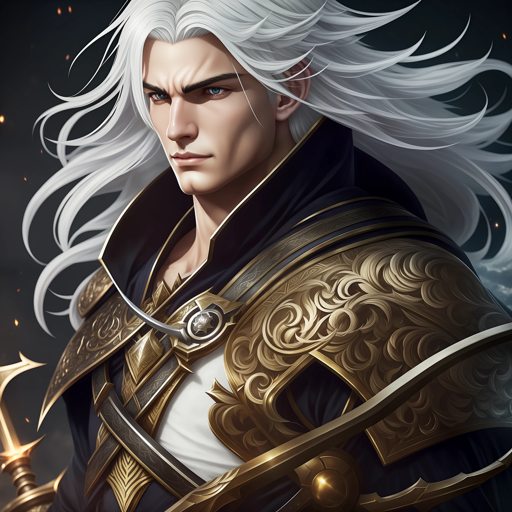 A closeup of a person with a white hair sword with black stirs on the bangs, Crisp and clear RPG portrait, Image of a male cleric, JRPG character, Ras Epic seven, picture background a fantasy world with dungeons and dungeons