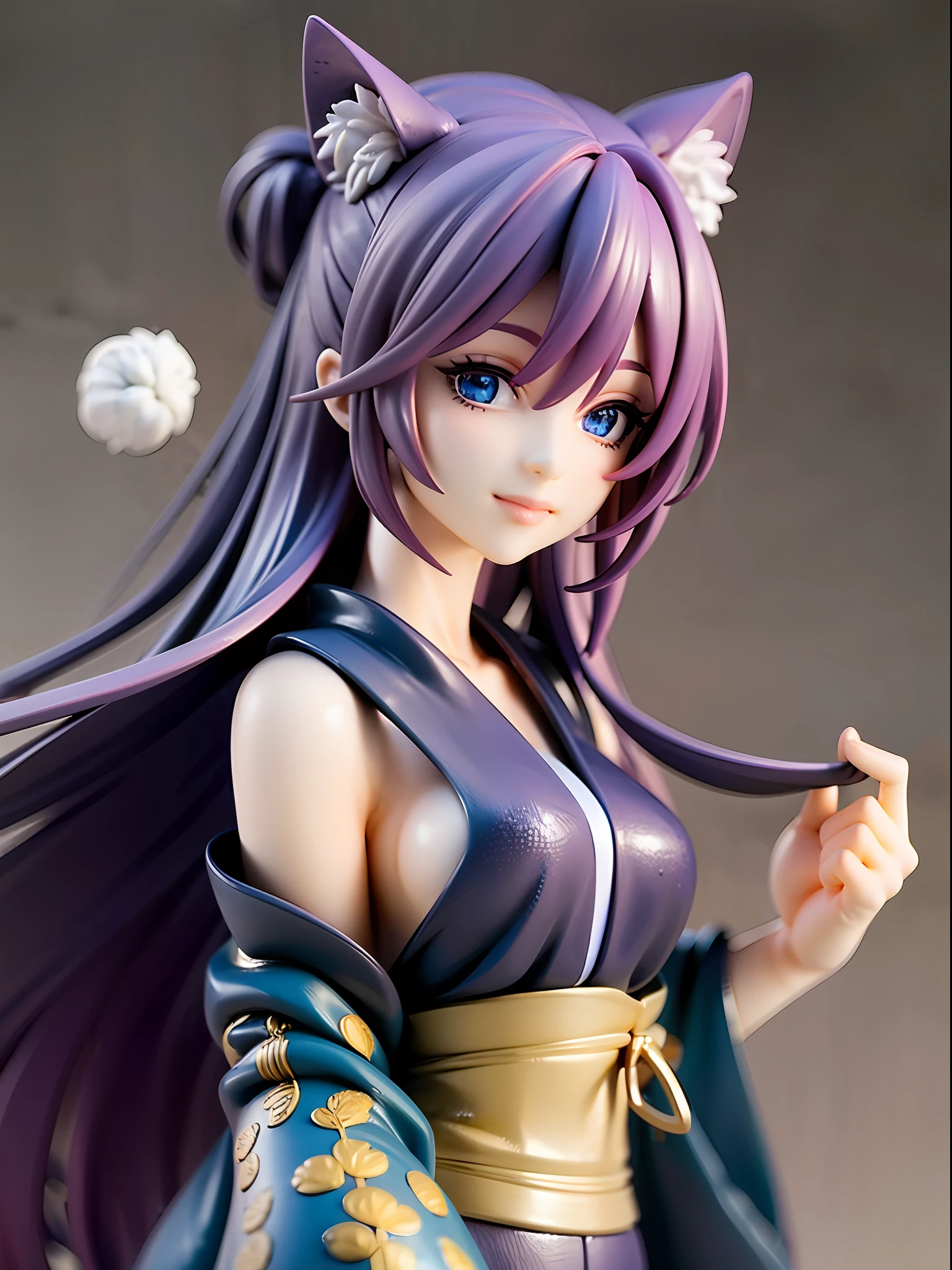 1girl, cat ears, cat tail, long blue hair, beautiful bright blue eyes, smiling, kimono, standing under a night sky with a full moon, surrounded by blue roses, [realistic], [3d], (8k, RAW photo, best quality, masterpiece:1.2), ultra high res, photo realistic, professional lighting, detailed lighting, professional photography, high quality, high res, extremely detailed, bloom, depth of field, sketch, sharp focus, soft lighting, detailed, detailed skin, to8contrast style.