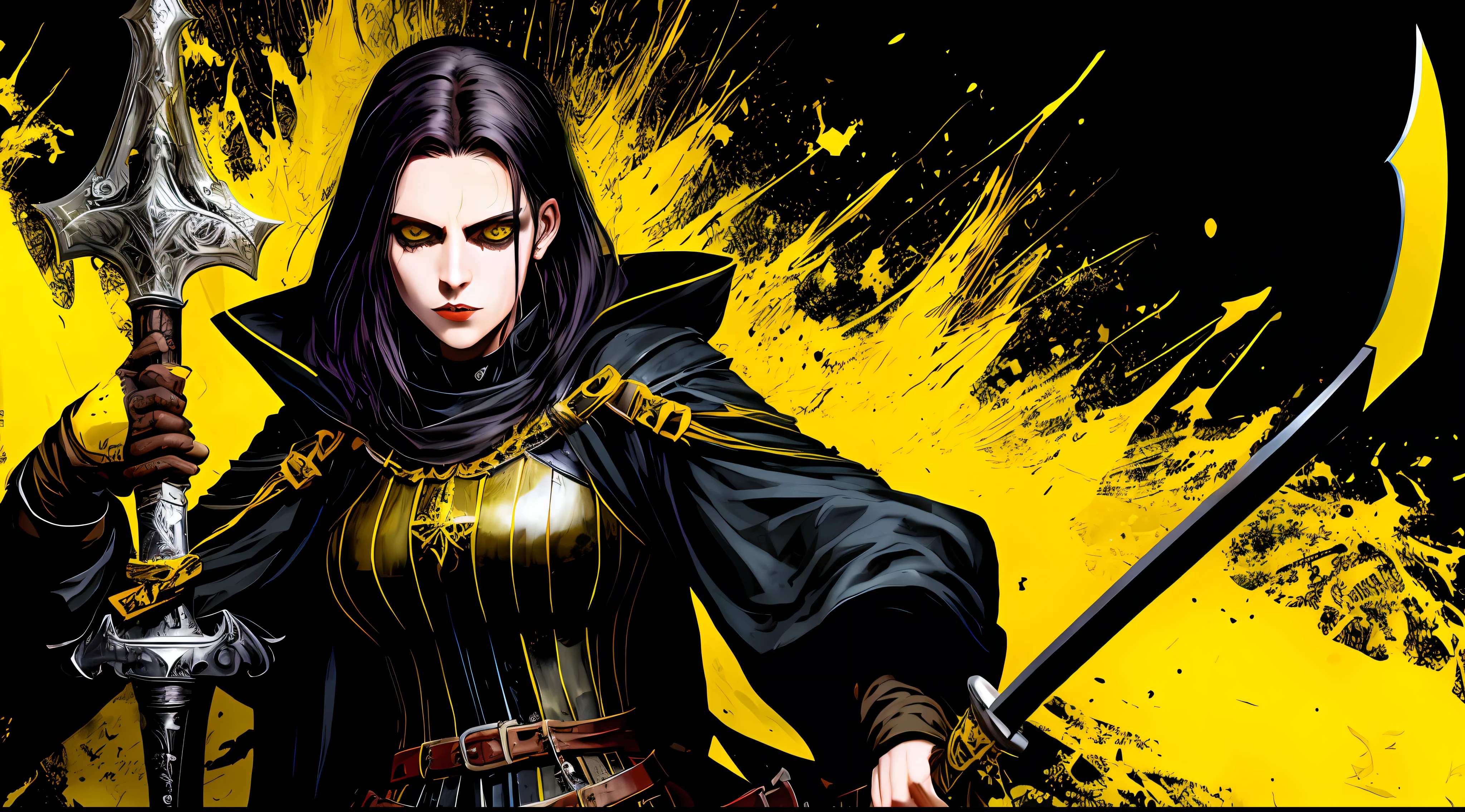 yellow and black, a medieval woman cleric, with a large sword, strong contrast, grunge dirty punk splash art, black metal zine