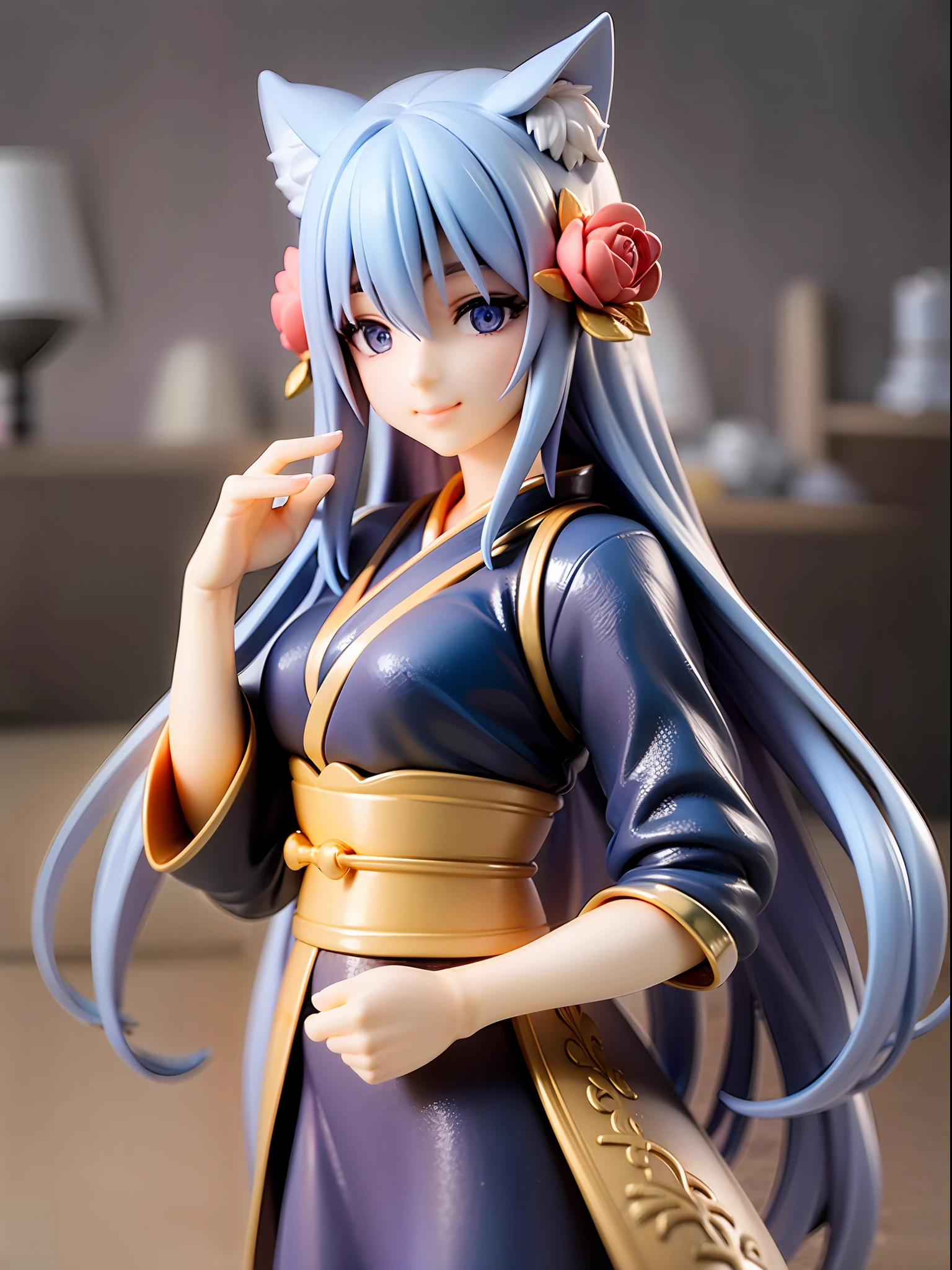 1girl, cat ears, cat tail, long blue hair, beautiful bright blue eyes, smiling, kimono, standing under a night sky with a full moon, surrounded by blue roses, [realistic], [3d], (8k, RAW photo, best quality, masterpiece:1.2), ultra high res, photo realistic, professional lighting, detailed lighting, professional photography, high quality, high res, extremely detailed, bloom, depth of field, sketch, sharp focus, soft lighting, detailed, detailed skin, to8contrast style.