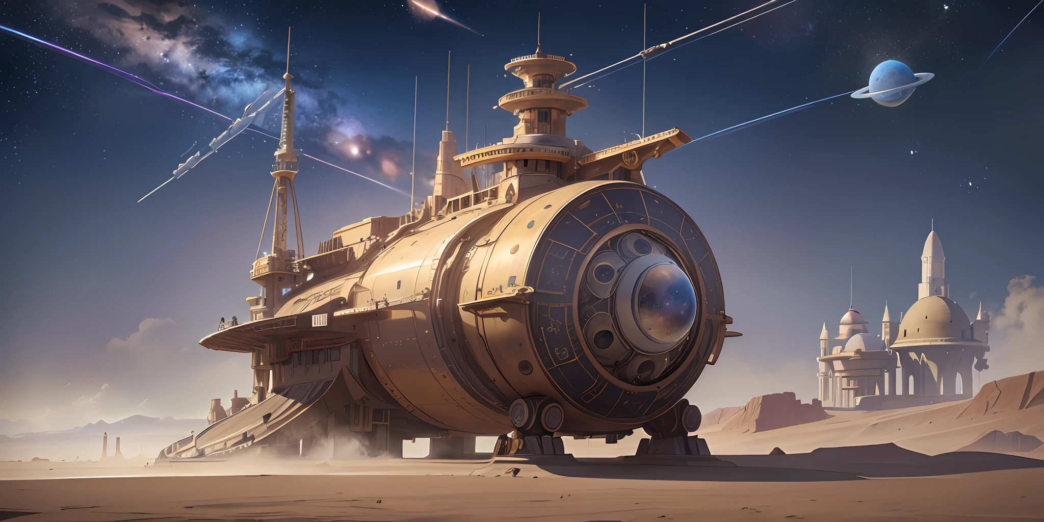 Masterpiece, Highest Quality, Best Quality, Official Art, Aesthetics :1.2), (a space ship:1.3), steam punk, intricate details, desert background, stars, planets