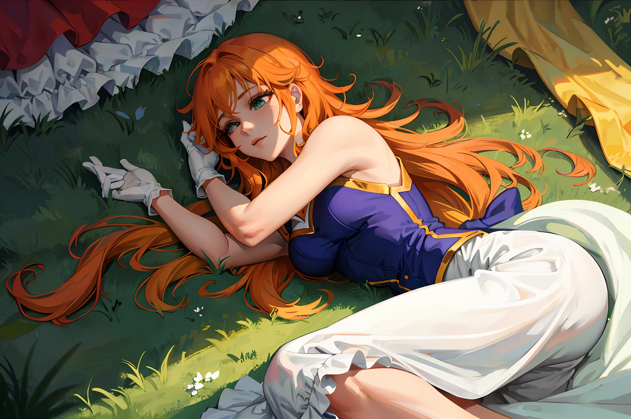 Princess sleeping snow white, orange hair, eyes green, anime, featured in character, only one person, ((solo)), ((eyes green)), ((hair orange)), long hair, ((white gloves)), long dress