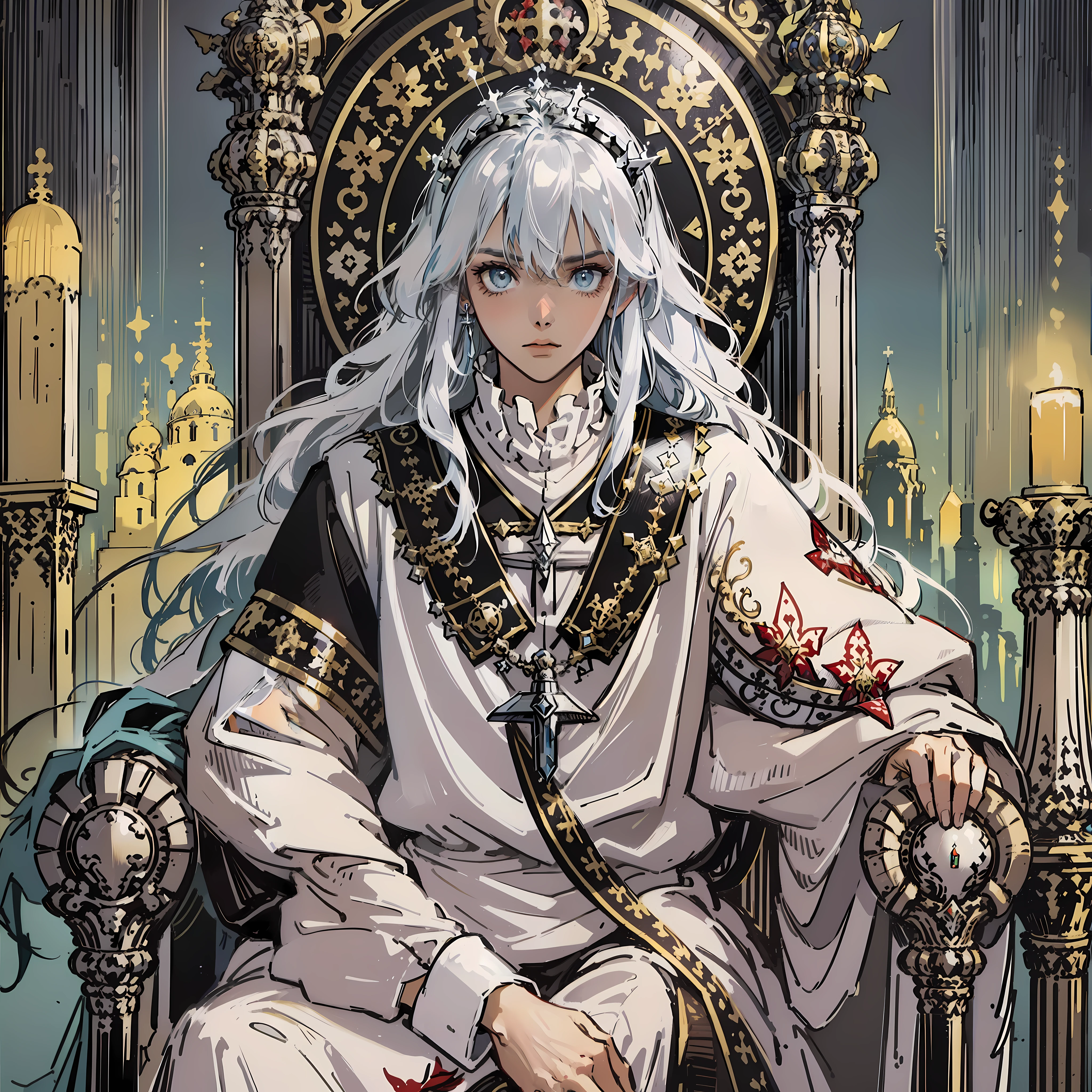 "(top quality, fairy level, 8K resolution), palace at dusk, mysterious silver long-haired pope sitting on the throne, hair silver: 1.3, camera animation: 1.3, close up face, mysterious, solemn atmosphere, noble white clothes: 1.2, high-eyed, sacred atmosphere, strong Roman elements, strong religious elements, only one character in the picture causes a high degree of visual focus."