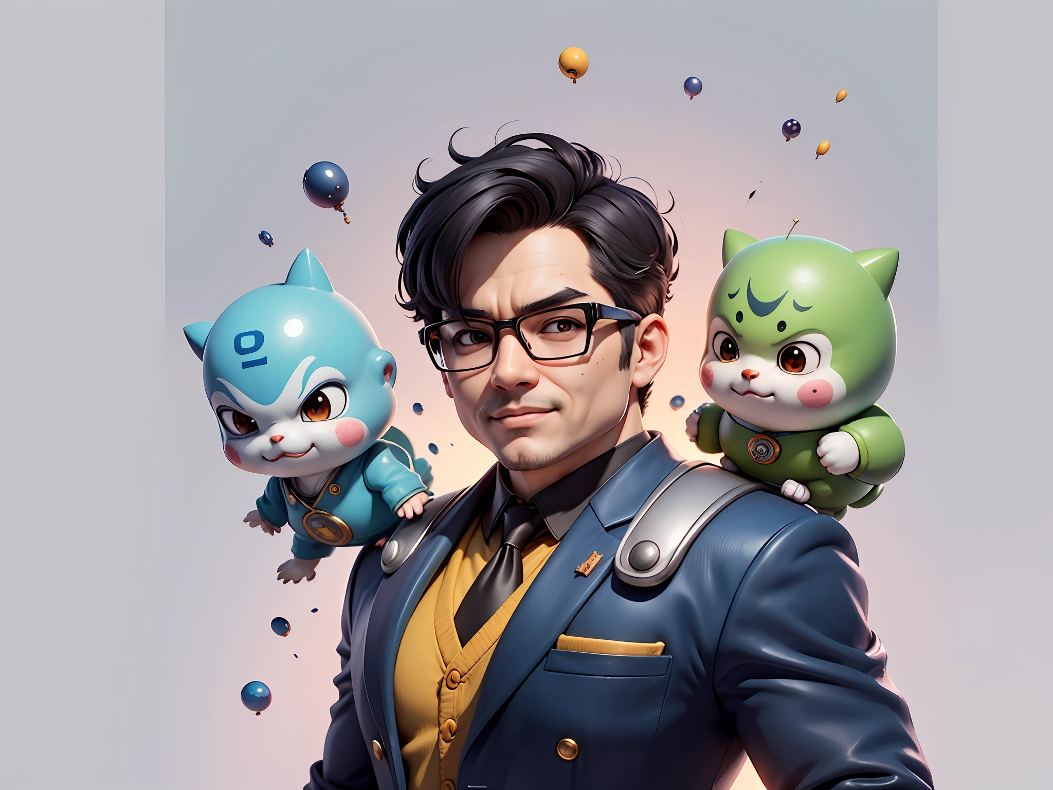 Masterpiece), (Excellent), (Super Meticulous), (Full Body: 1.2), Super Young Woman, Beautiful, Sexy, Bursting, Oriental Face, TV Anchor, Bust Portrait Illustration, Alone, Black Suit, Blue Tie, Silver Glasses, Slightly Chubby Face, Very Clean Face, No Beard, Black Super Short Hair, Black Eyes, Confident Smile, 3c Computer Sub-Products, iPad, iPhone, Digital Painting, 3D Character Design by Akira Toriyama with Mark Claireden and Pixar and Hayao Miyazaki, The illustration is a high-definition illustration in 4K resolution with very detailed facial features and cartoon-style visuals.