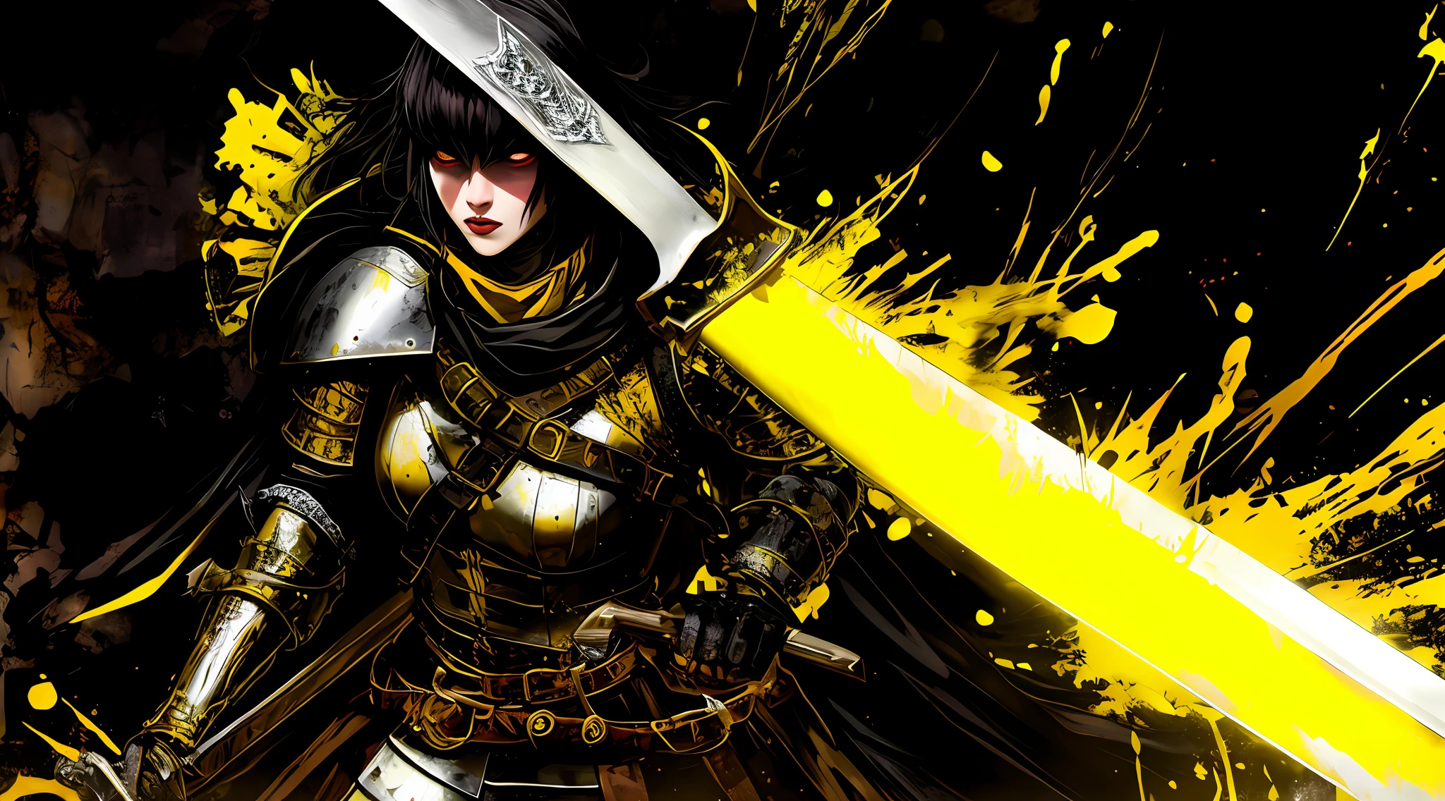 yellow and black, a medieval woman, cleric armor, with a sword, strong contrast, grunge dirty punk splash art, black metal zine