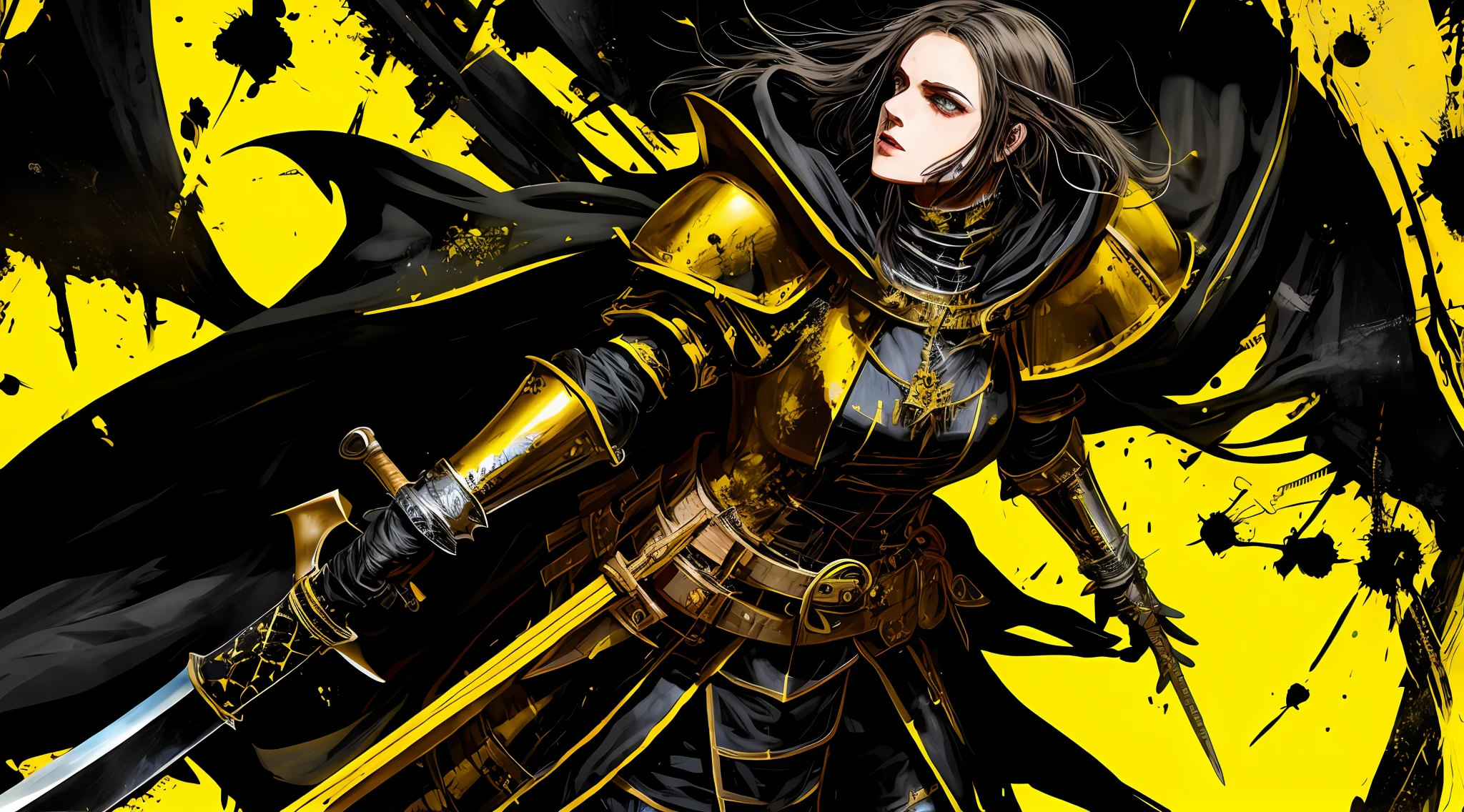 yellow and black, a medieval woman, cleric armor, with a sword, strong contrast, grunge dirty punk splash art, black metal zine