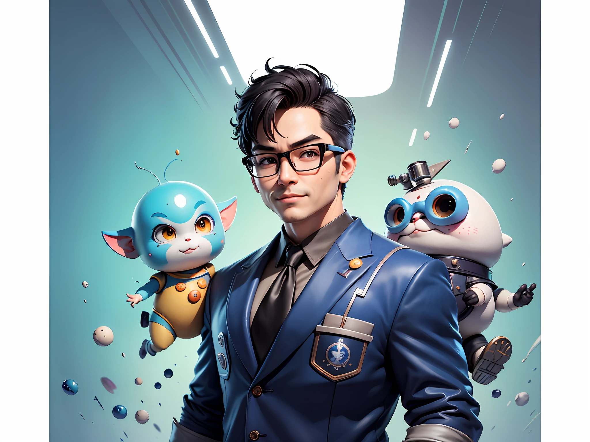 Masterpiece), (Excellent), (Super Meticulous), (Full Body: 1.2), Super Young Woman, Beautiful, Sexy, Bursting, Oriental Face, TV Anchor, Bust Portrait Illustration, Alone, Black Suit, Blue Tie, Silver Glasses, Slightly Chubby Face, Very Clean Face, No Beard, Black Super Short Hair, Black Eyes, Confident Smile, 3c Computer Sub-Products, iPad, iPhone, Digital Painting, 3D Character Design by Akira Toriyama with Mark Claireden and Pixar and Hayao Miyazaki, The illustration is a high-definition illustration in 4K resolution with very detailed facial features and cartoon-style visuals.