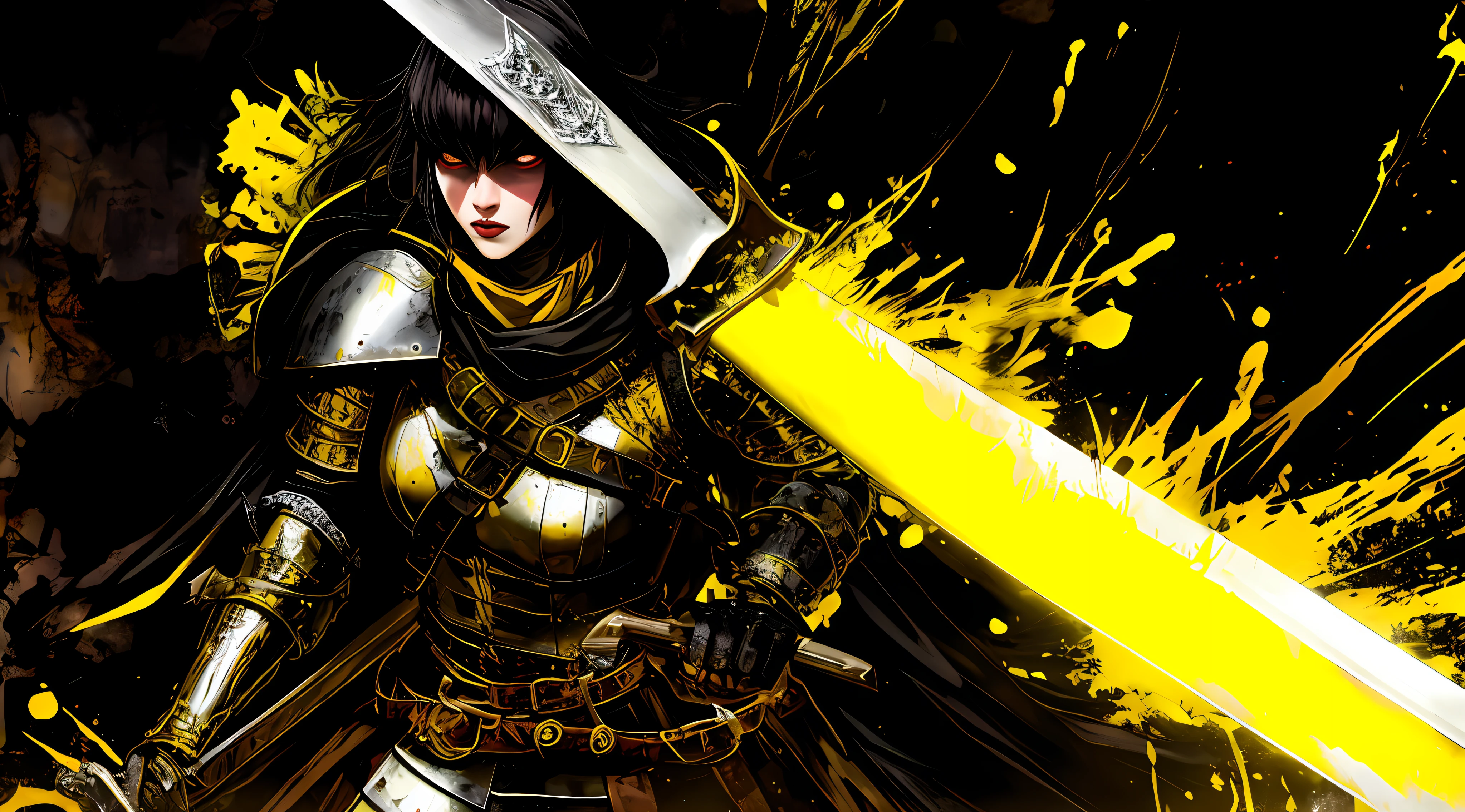 yellow and black, a medieval woman, cleric armor, with a sword, strong contrast, grunge dirty punk splash art, black metal zine