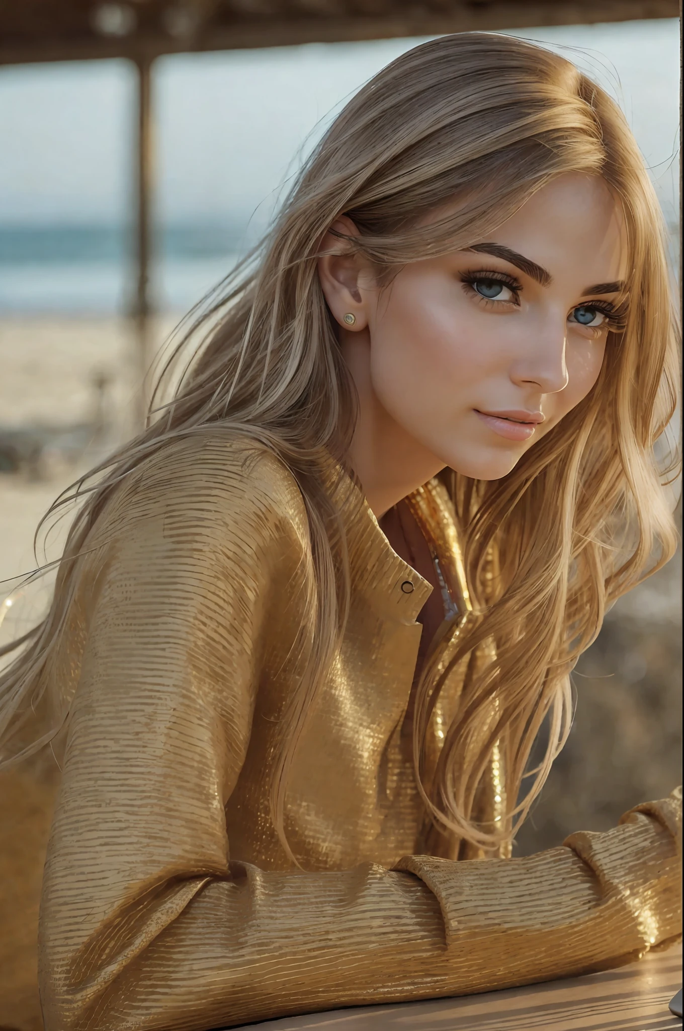 photo of (sh0hreh:0.99), a stunning beautiful young woman, hazel eyes, long messy windy light brown hair, closeup zoomed in tight crop portrait, sitting at a (table on a seaside boardwalk cafe bar drinks cocktails:1.2) wearing a (red designer long sleeve shirt:1.3) (drinks on table:1.3) (Lighting-Gold:1.2) foreground objects background details (masterpiece:1.2) (photorealistic:1.2) (bokeh:1.2) (best quality) (color grading) (detailed skin:1.3) (intricate) (8k) (HDR) (cinematic lighting:1.3) (sharp focus), messy windy hair --auto --s2