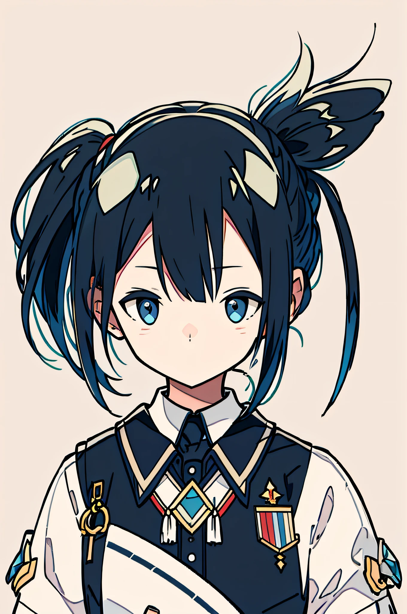 Short hair at front, ponytail, front view, collar