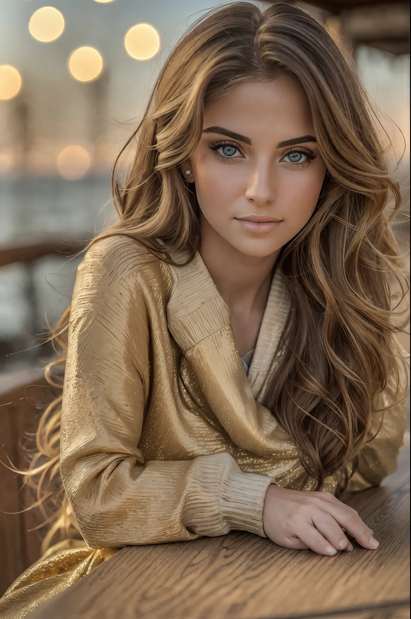 photo of (sh0hreh:0.99), a stunning beautiful young woman, hazel eyes, long messy windy light brown hair, closeup zoomed in tight crop portrait, sitting at a (table on a seaside boardwalk cafe bar drinks cocktails:1.2) wearing a (red designer long sleeve shirt:1.3) (drinks on table:1.3) (Lighting-Gold:1.2) foreground objects background details (masterpiece:1.2) (photorealistic:1.2) (bokeh:1.2) (best quality) (color grading) (detailed skin:1.3) (intricate) (8k) (HDR) (cinematic lighting:1.3) (sharp focus), messy windy hair --auto --s2