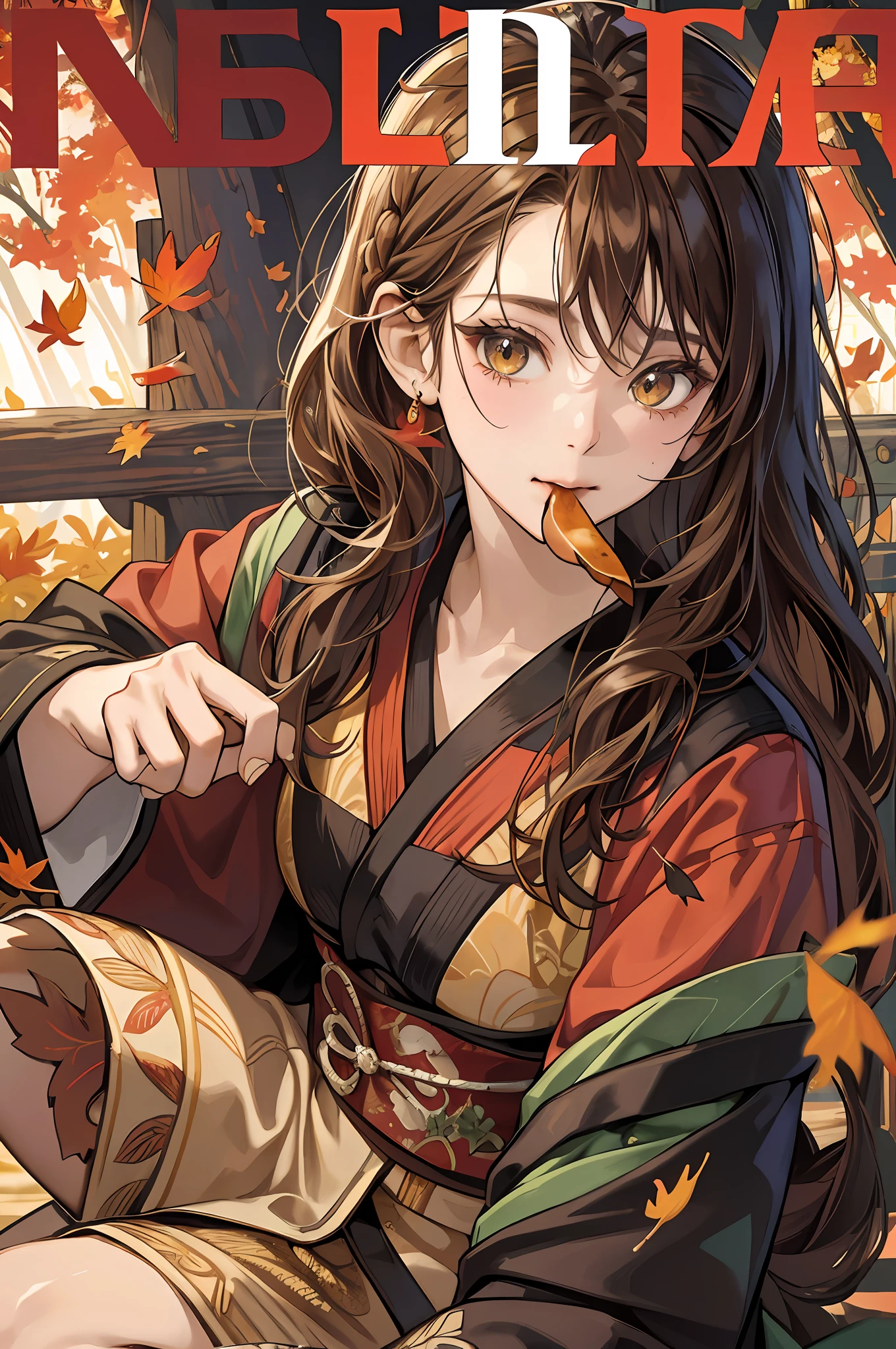 Enrai Fairyland, dark brown or oily Japan kimono, dark color kimono, colorful auspicious clouds, autumn, autumn_leaves, falling_leaves, holding_leaf, leaf, leaf_background, leaf_ornament, maple_leaf, aki_shizuha, leaf_print, maple, anger_ vein, ginkgo_leaf, leaf_on_head, spoken_anger_vein, tree, waterfall, (bonfire with collected fallen leaves), ((She is eating a red arbor of burnt sweet potatoes a little embarrassed)), dragonfly, acorn, solo, braided, blurry_foreground, one girl, smile, painting, depth_of_field, blurred, long_hair, brunch, leaves_in_wind, forest, outdoors, nature, looking_at_viewer, sitting, masterpiece, best quality, (best quality), ((masterpiece)), (high definition), original, highly detailed 8k wallpaper, (very delicate and beautiful),(detail face))), beautiful detail eyes, wind-fluttering hair, messy hair, lens flare, 1 girl,Full Body,(Golden Eyes),(Pretty Girl:1.1),Beautiful Fine Eyes,(Brown Hair),(Big),(Look at Viewer),(Magazine:1.3),(Cover Style:1.3), Fashionable, Women, Vibrant, Posing, Front, Colorful, Dynamic, Background, Element, Confident, Statement, Majestic, Coiled, Text, Cover, bold, attention, title, stylish, font, catchy, headline, big, impressive, modern, trendy, focus, fashion,