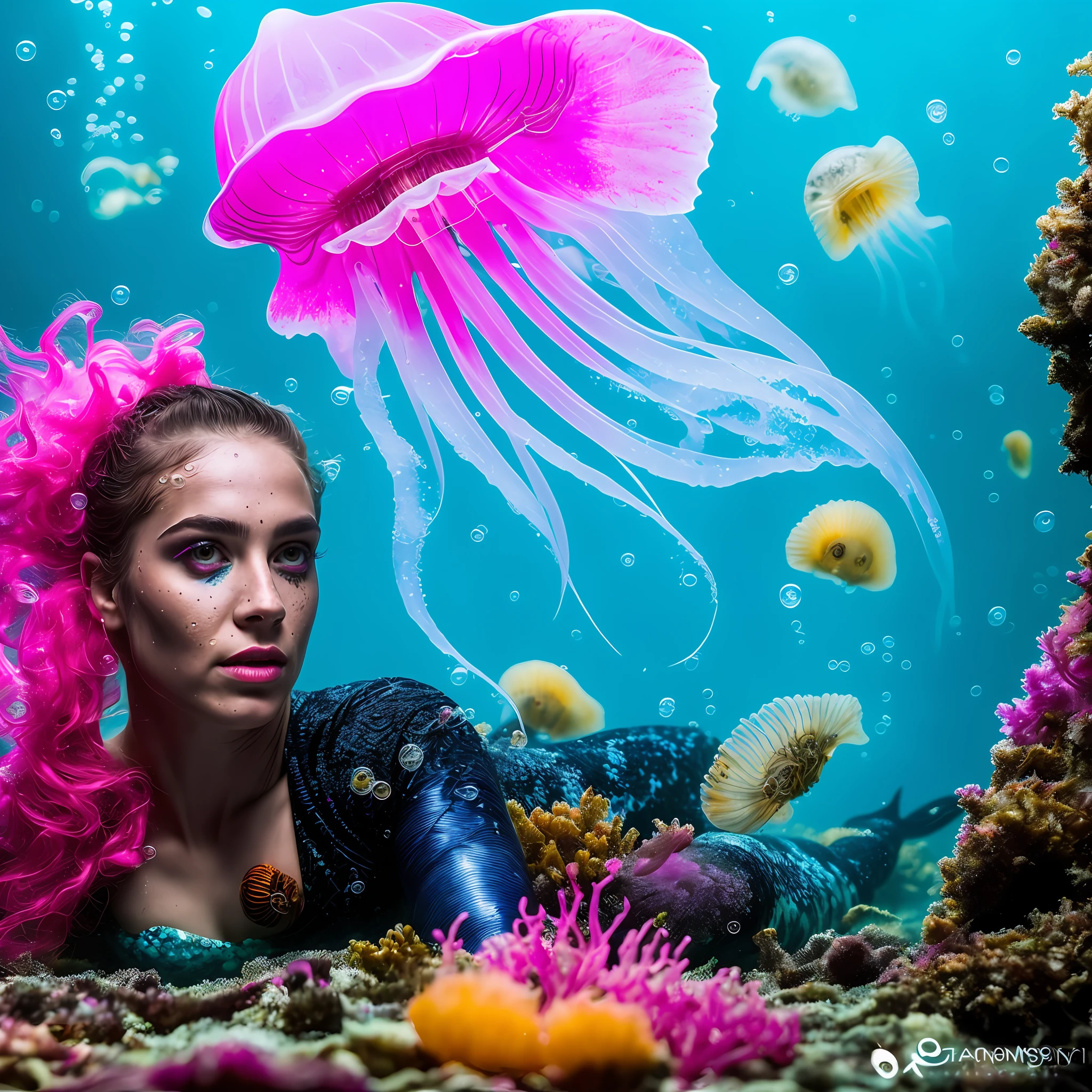 professional underwater photo, full body portrait of beautiful woman (((SOLLO))), mermaid, gothic style, (upper body human, ), crawling, talking underwater,, (many bubbles around), (hyper realistic skin), eye makeup with excessive black and beautiful makeup, (freckles)++, serious, Fuchsia hair, (full of bright fish)+, (translucency shell bikini)+, long reptile skin tail, bulky beautiful eyes, (blinkers)+,, satisfied, in the dark night, (moonlight)+, (many colorful glows of jellyfish)+, best quality masterpiece, photorealistic, detailed, 8k, HDR, shallow depth of field,