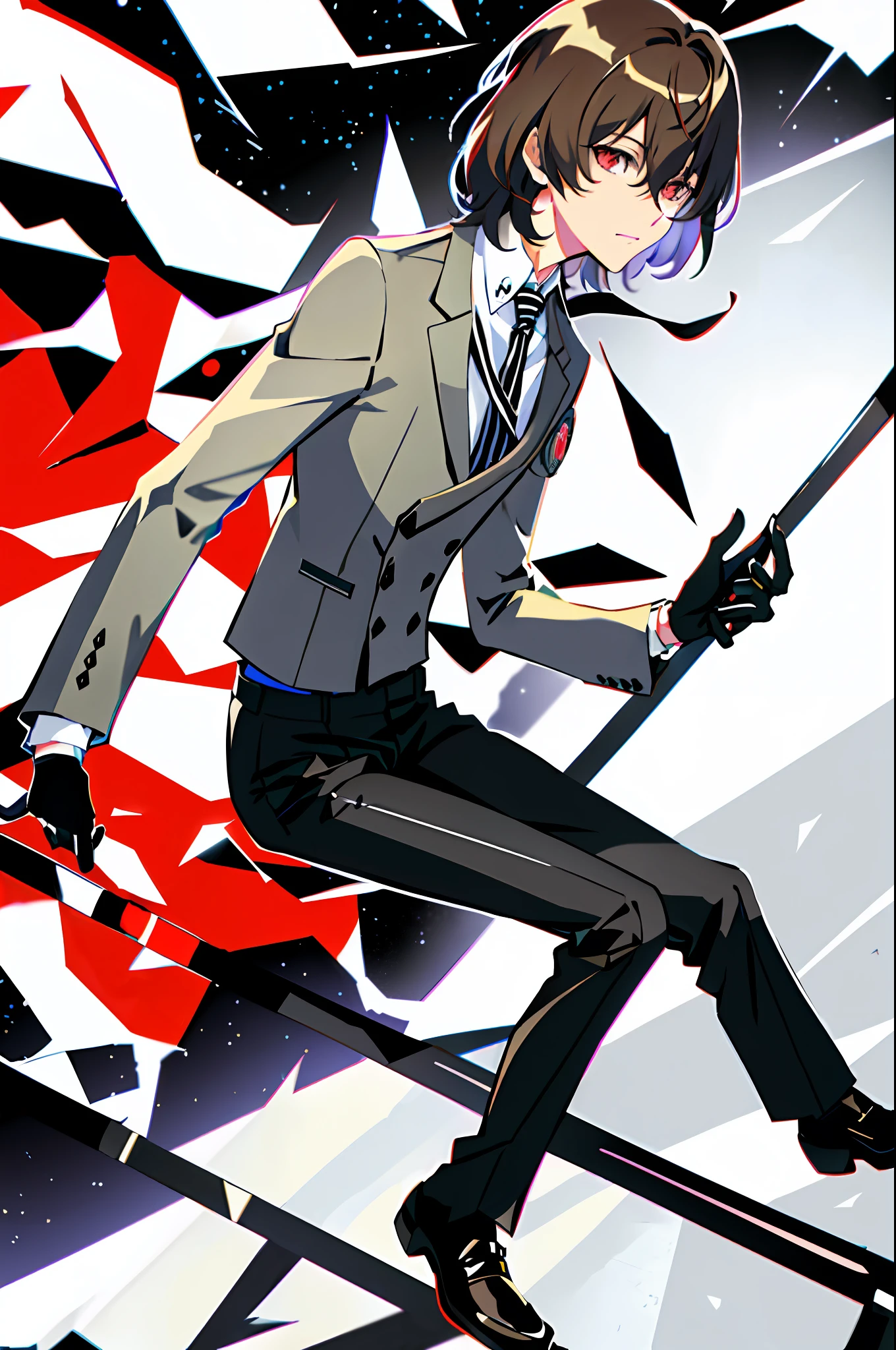 akechi gorou, winter uniform, 1boy, solo, striped necktie, black gloves, black pants, black loafers