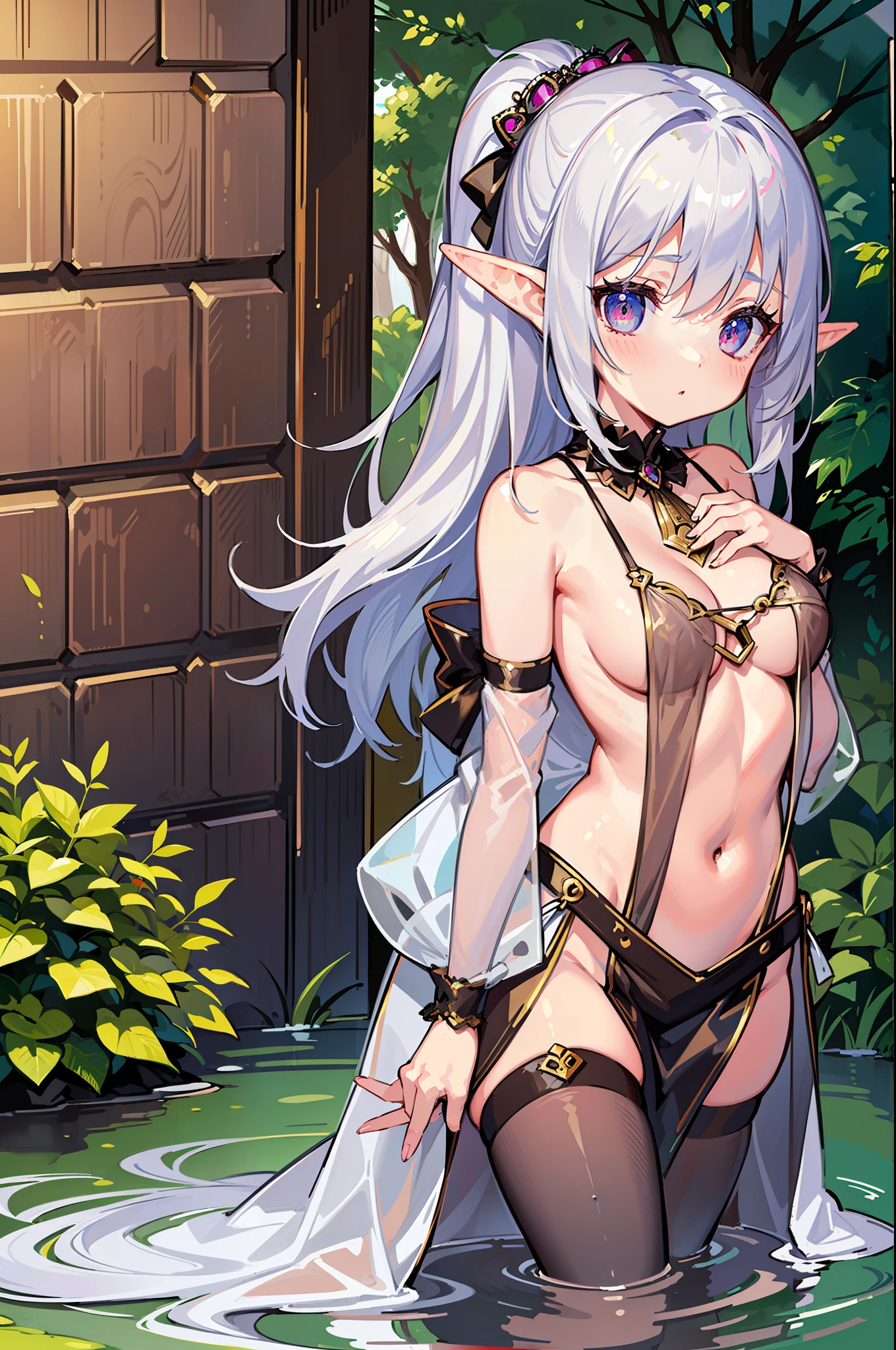 (MASTERPIECE), (Best Quality), (Ultra Detail), Official Art, One Girl, Silver-haired , Petite Littf Loli, White Seeough Robe, Small Breasts, Cleavage, Off Shoulder, Underboob, Side Boob, Thigh Focus, Navel Out, Card Illustration, Deep Forest Fountain