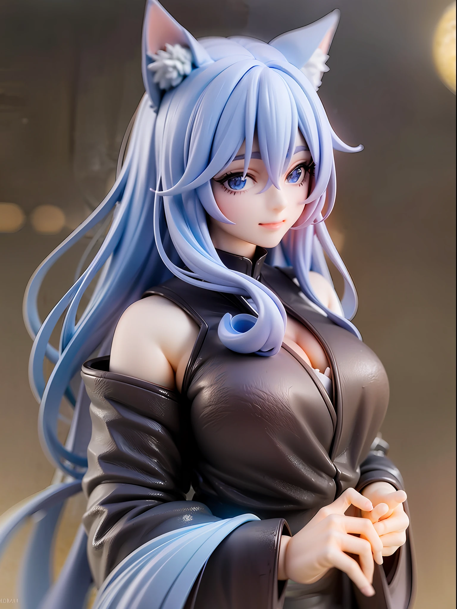 1girl, cat ears, cat tail, long blue hair, beautiful bright blue eyes, smiling, wearing a light pink kimono, standing under a night sky with a full moon, surrounded by blue roses, [realistic], [3d], (8k, RAW photo, best quality, masterpiece:1.2), ultra high res, photo realistic, professional lighting, detailed lighting, professional photography, high quality, high res, extremely detailed, bloom, depth of field, sketch, sharp focus, soft lighting, detailed, detailed skin, to8contrast style.